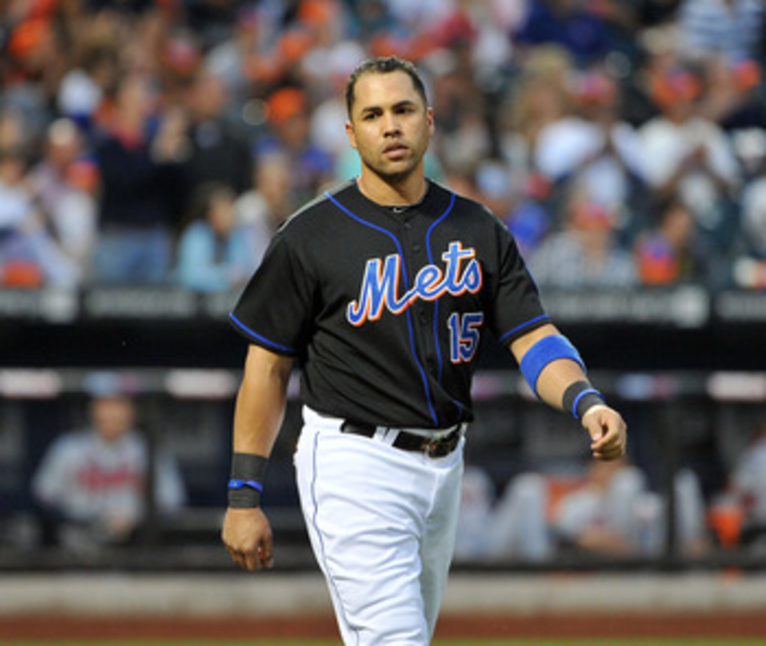 NEW YORK, NY - JUNE 04: Carlos Beltran #15 of the New York Mets reacts after striking out to end the bottom of the third inning against the Atlanta Braves at Citi Field on June 4, 2011 in the Flushing neighborhood of the Queens borough of New York City. (