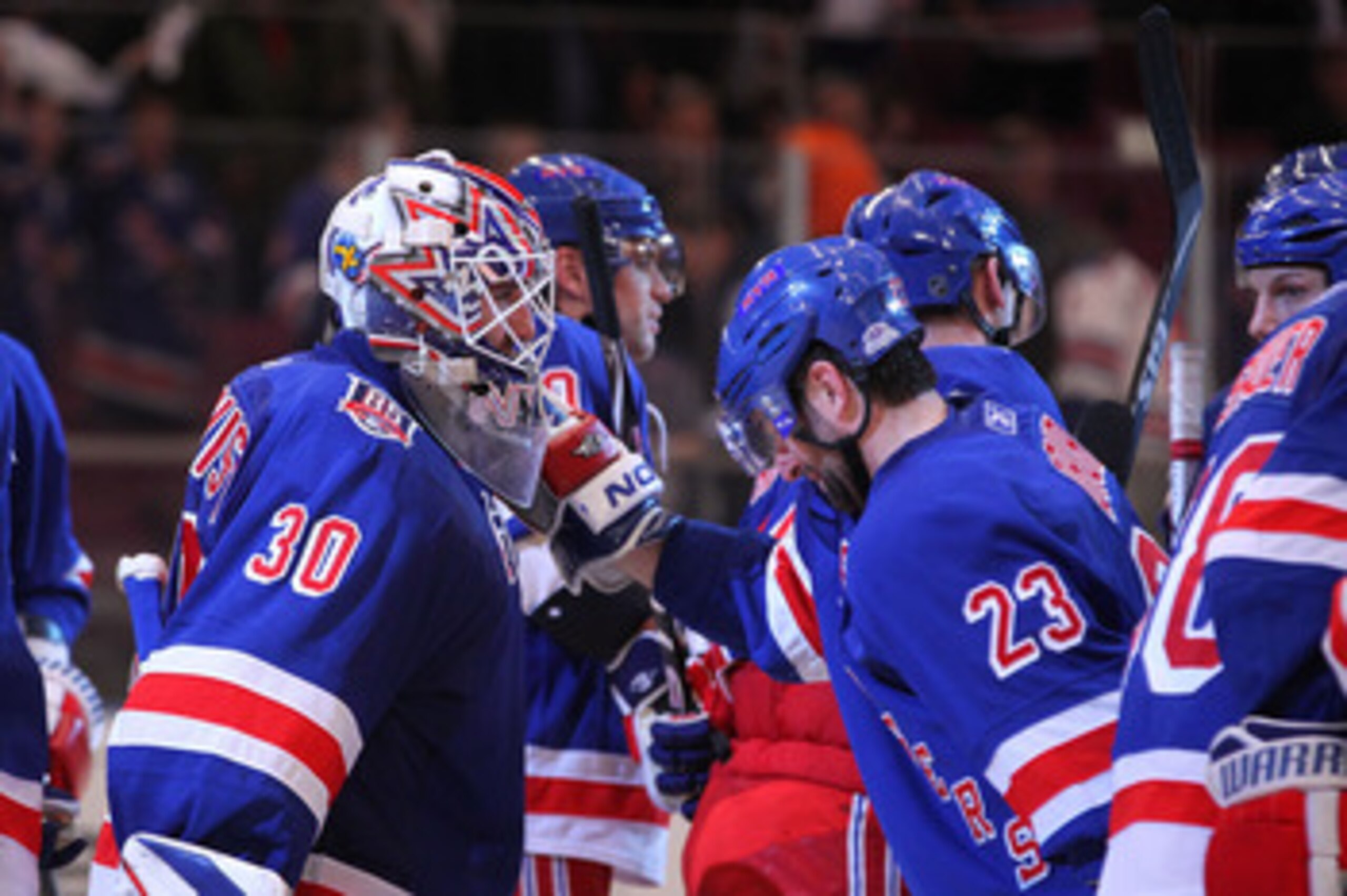NEW YORK, NY - APRIL 17:  (L-R) Goalie Henrik Lundqvist #30 and Chris Drury #23 of the New York Rangers celebrate after the Rangers won 3-2 against the Washington Capitals in Game Three of the Eastern Conference Quarterfinals during the 2011 NHL Stanley C