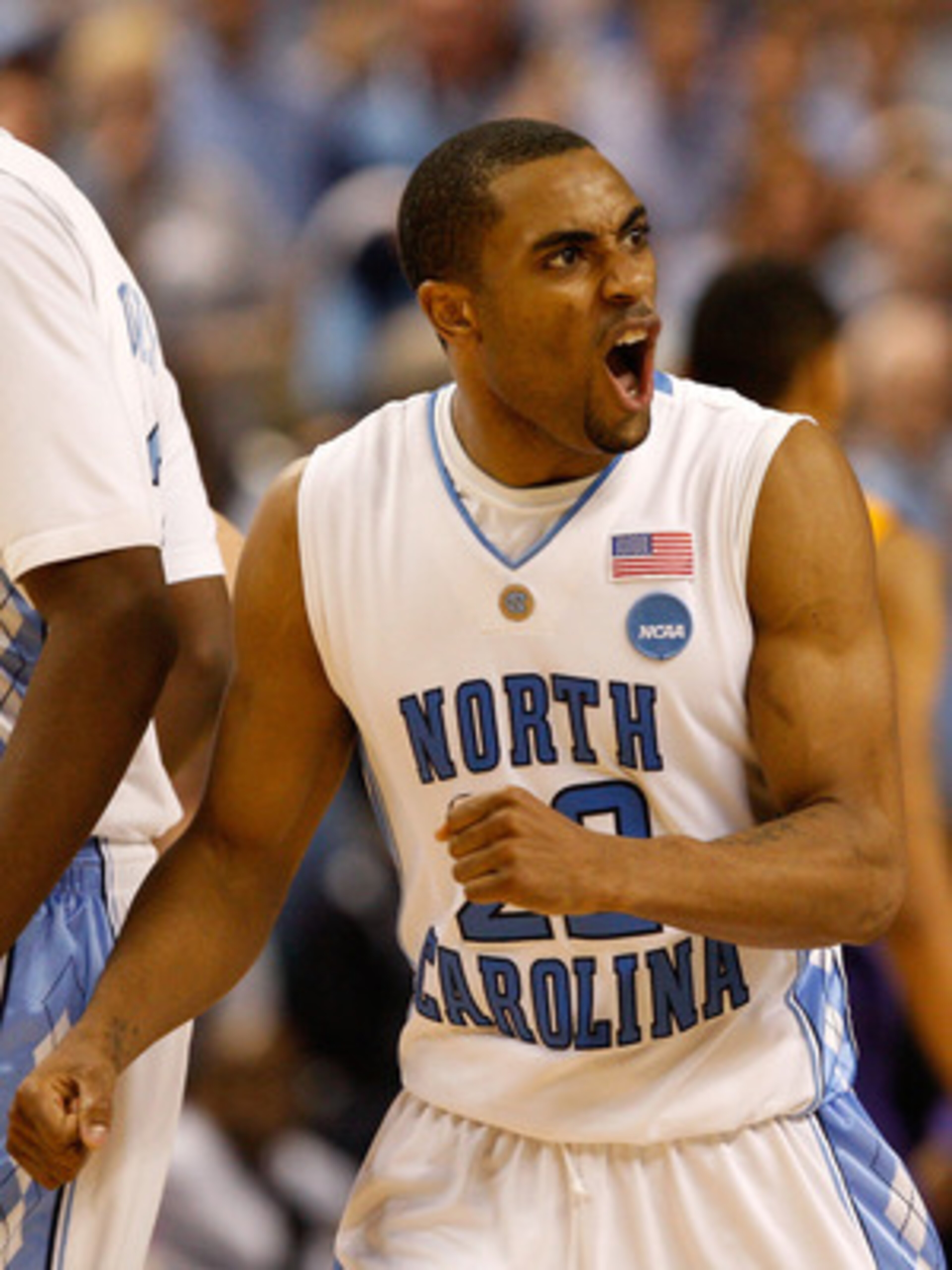 GREENSBORO, NC - MARCH 21:  Wayne Ellington #22 of the North Carolina Tar Heels reacts after scoring a basket against the Louisiana State University Tigers during the second round of the NCAA Division I Men's Basketball Tournament at the Greensboro Colise
