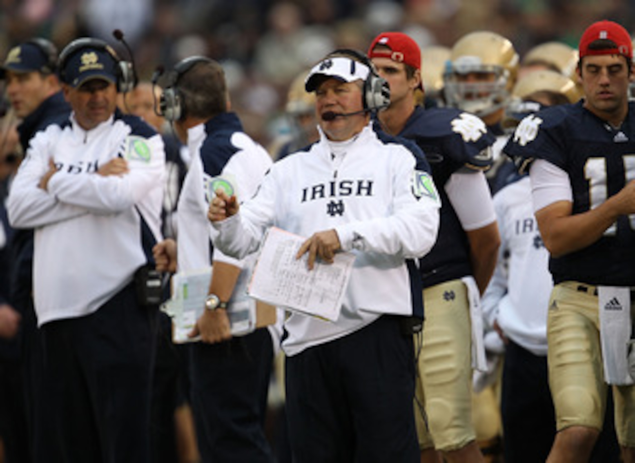 SOUTH BEND, IN - SEPTEMBER 25: Head coach Brian Kelly of the Notre Dame Fighting Irish watches as his team takes on the Stanford Cardinal at Notre Dame Stadium on September 25, 2010 in South Bend, Indiana. Stanford defeated Notre Dame 37-14.  (Photo by Jo