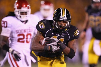 COLUMBIA, MO - OCTOBER 23: Henry Josey #41 of the Missouri Tigers in action against the Oklahoma Sooners at Faurot Field/Memorial Stadium on October 23, 2010 in Columbia, Missouri.  The Tigers beat the Sooners 36-27.  (Photo by Dilip Vishwanat/Getty Image