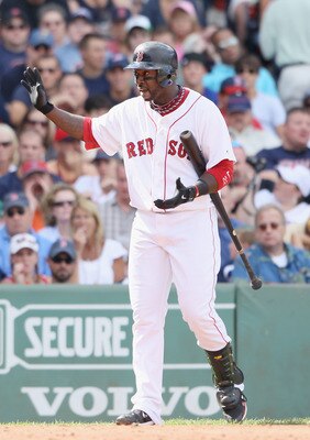 BOSTON - SEPTEMBER 05:  Bill Hall #22  of the Boston Red Sox reacts to a strike call in the third inning against the Chicago White Sox on September 5, 2010 at Fenway Park in Boston, Massachusetts.  (Photo by Elsa/Getty Images)