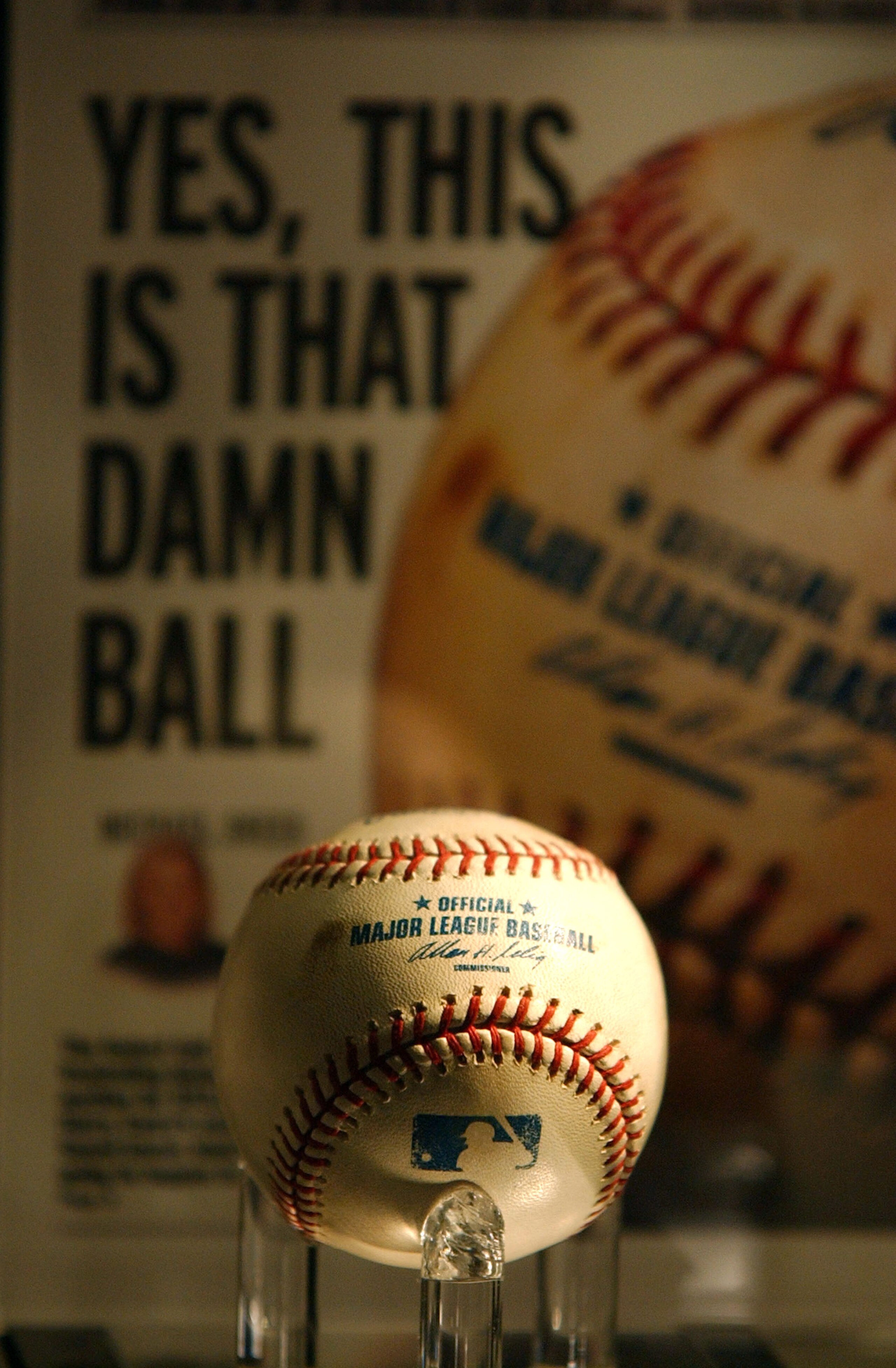 CHICAGO - FEBURARY 26: The infamous cursed Chicago Cubs foul baseball from the 2003 National League Championship Series against the Florida Marlins on display in it's last intact resting place at Harry Caray's Restaurant before being destroyed on February