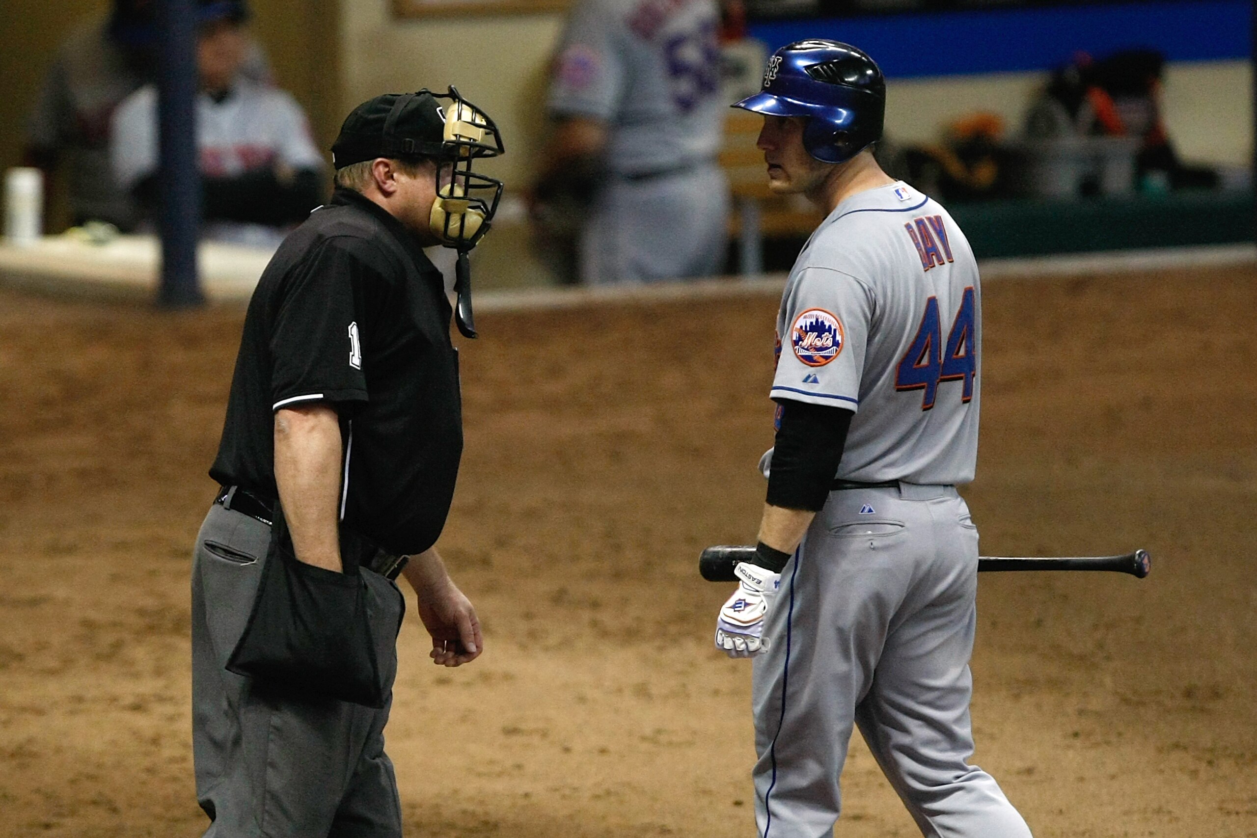 MILWAUKEE, WI - JUNE 8: Jason Bay #44 of the New York Mets argues with umpire Bruce Dreckman #1 after a third strike call during the game against the Milwaukee Brewers at Miller Park on June 8, 2011 in Milwaukee, Wisconsin. (Photo by Scott Boehm/Getty Ima