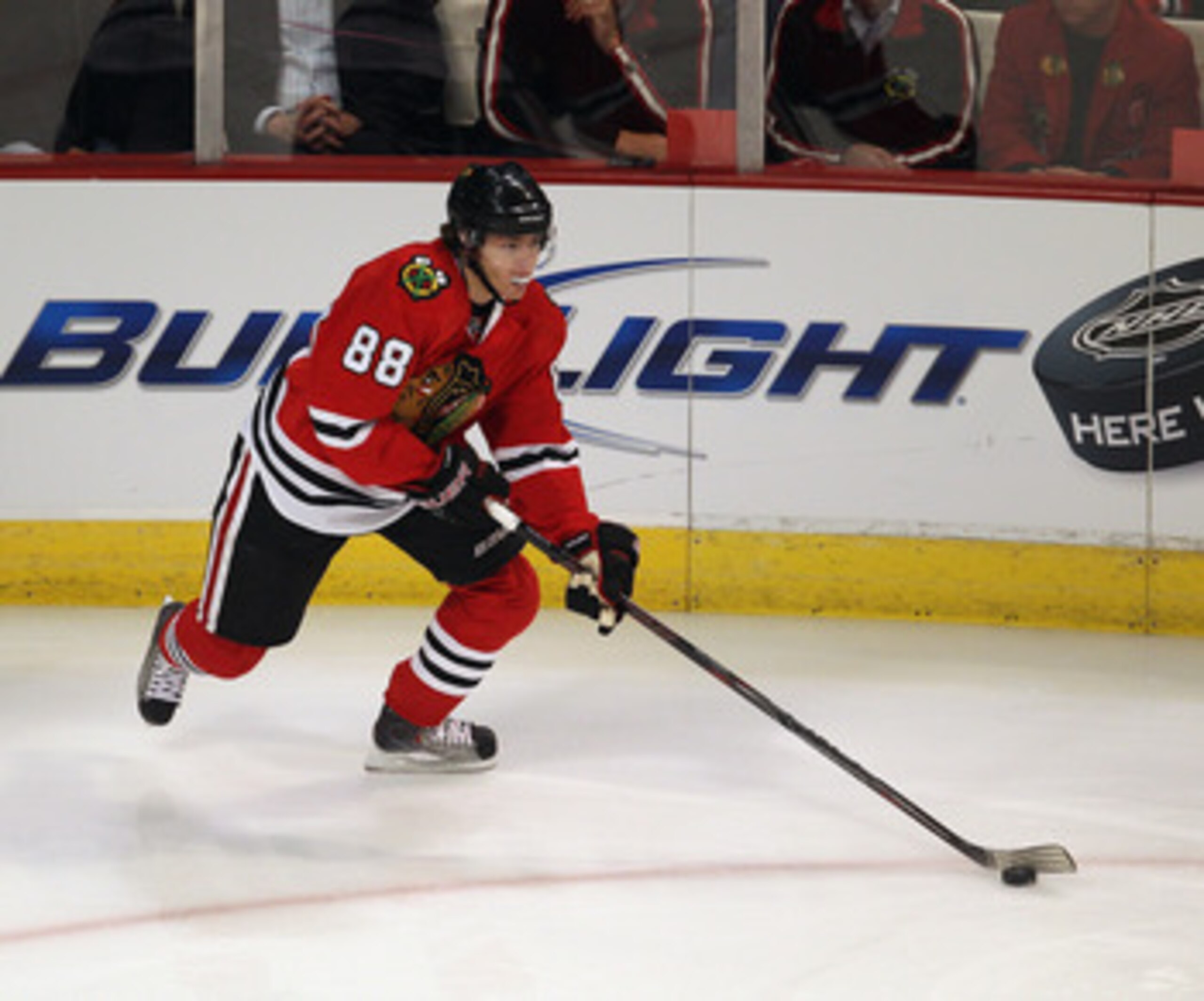 CHICAGO, IL - APRIL 17: Patrick Kane #88 of the Chicago Blackhawks looks to pass against the Vancouver Canucks in Game Three of the Western Conference Quarterfinals during the 2011 NHL Stanley Cup Playoffs at the United Center on April 17, 2011 in Chicago