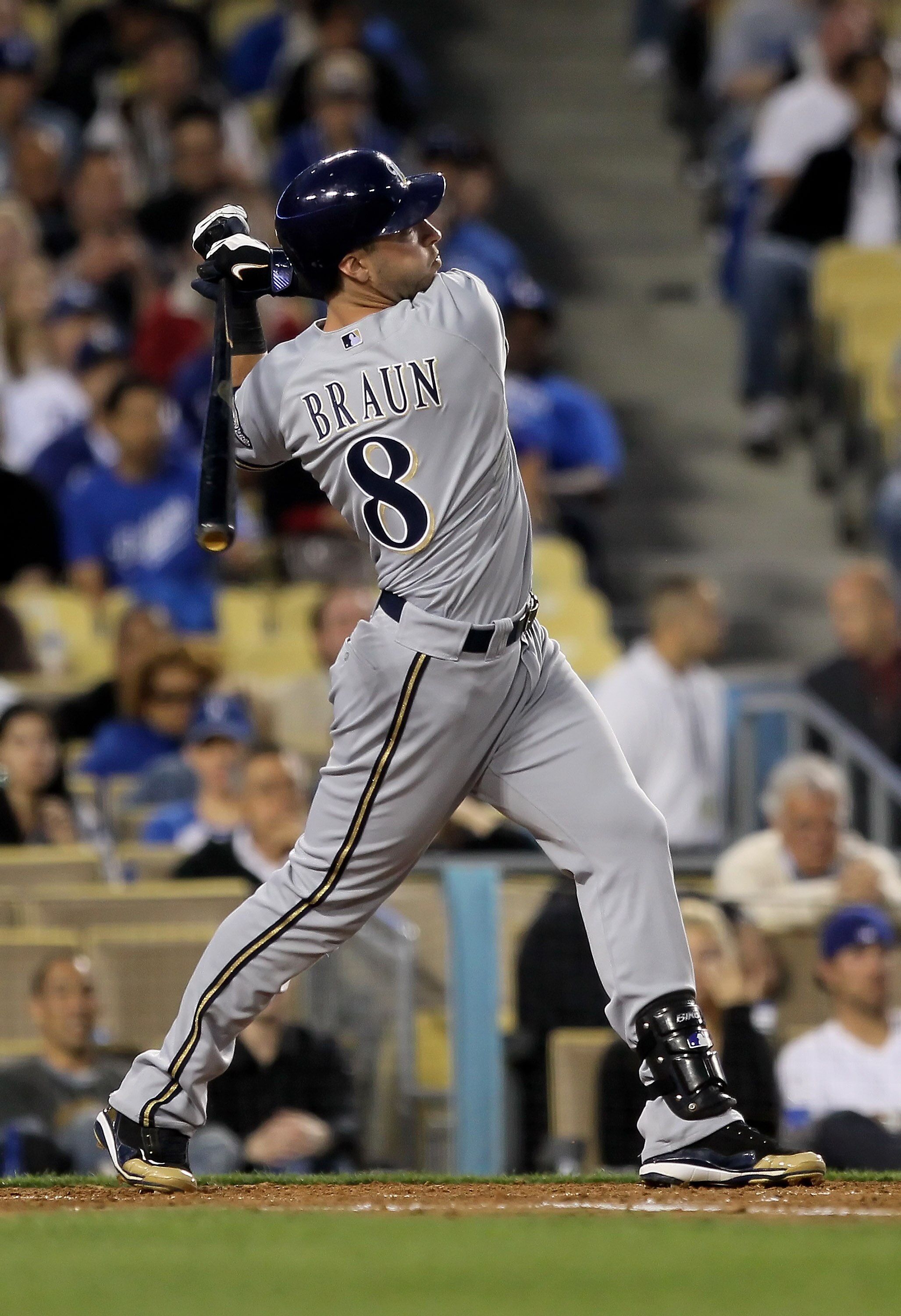 LOS ANGELES, CA - MAY 04:  Ryan Braun #8 of the Milwaukee Brewers hits a double scoring three runs in the second inning against the Los Angeles Dodgers at Dodger Stadium on May 4, 2010 in Los Angeles, California.  (Photo by Jeff Gross/Getty Images)