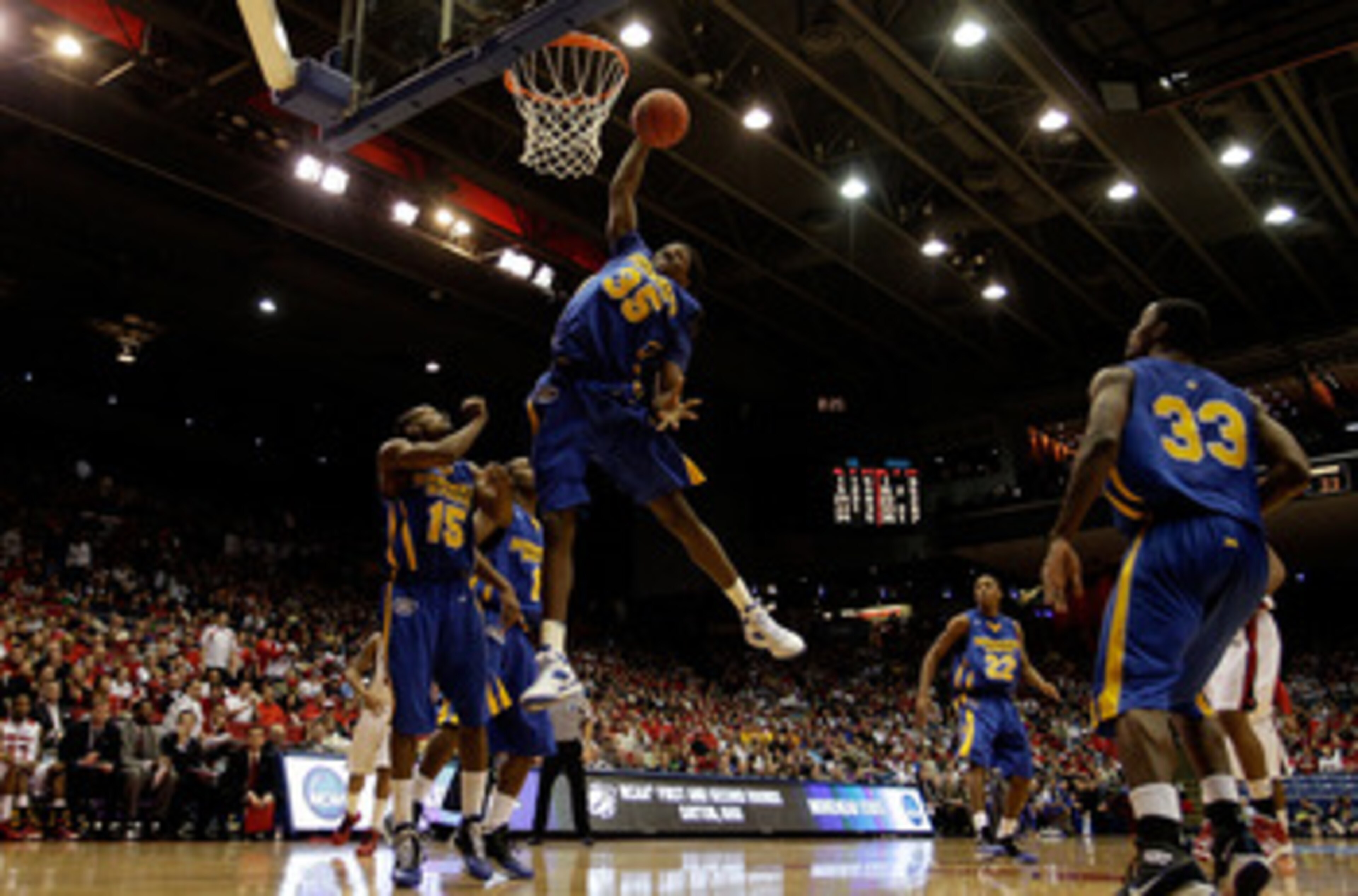 DAYTON, OH - MARCH 20: Kenneth Faried #35 of the Morehead State Eagles gets a rebound against the Louisville Cardinals during the first round of the NCAA Division I Men's Basketball Tournament at the University of Dayton Arena on March 20, 2009 in Dayton,