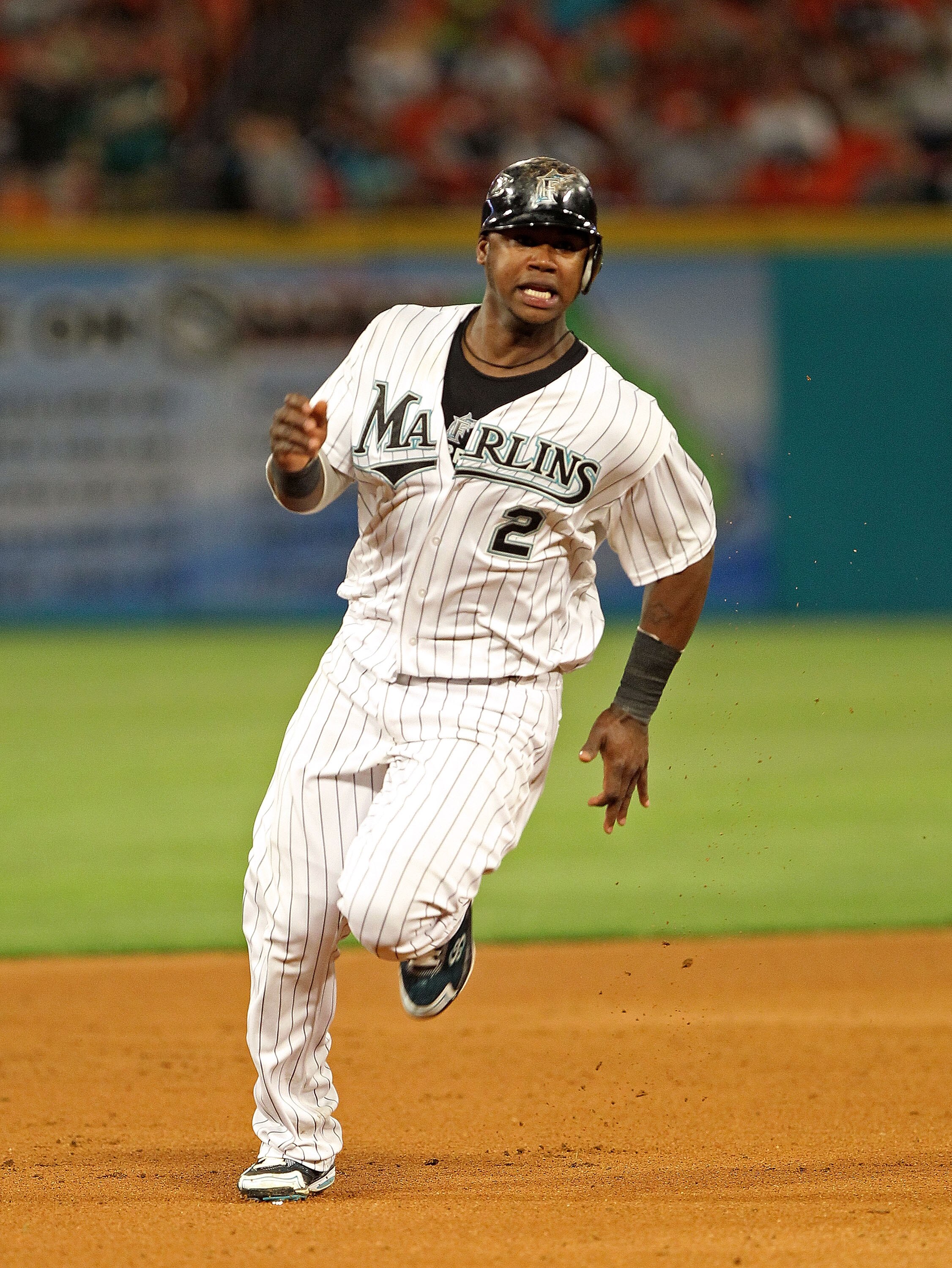 MIAMI GARDENS, FL - MAY 20: Hanley Ramirez #2 of the Florida Marlins rounds second during a game against the Tampa Bay Rays at Sun Life Stadium on May 20, 2011 in Miami Gardens, Florida.  (Photo by Mike Ehrmann/Getty Images)