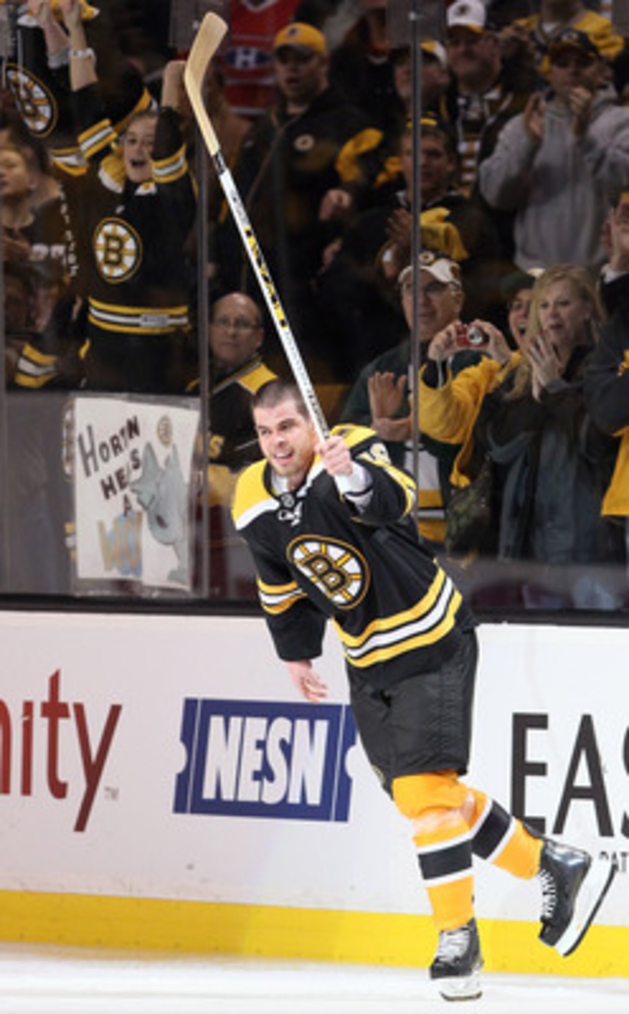 BOSTON, MA - APRIL 23:  Nathan Horton #18 of the Boston Bruins celebrates after the game against the Montreal Canadiens in Game Five of the Eastern Conference Quarterfinals during the 2011 NHL Stanley Cup Playoffs at TD Garden on April 23, 2011 in Boston,