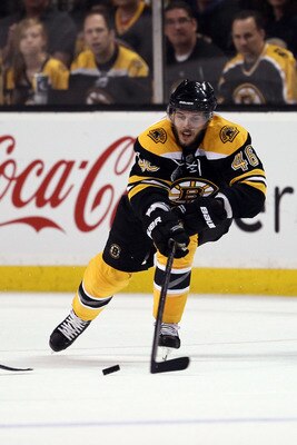 BOSTON, MA - JUNE 06:  David Krejci #46 of the Boston Bruins against the Vancouver Canucks during Game Three of the 2011 NHL Stanley Cup Final at TD Garden on June 6, 2011 in Boston, Massachusetts.  (Photo by Elsa/Getty Images)