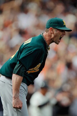 SAN FRANCISCO, CA - MAY 22: Reliever Grant Balfour #50 of the Oakland A's reacts after giving up a two-run home run to tie the game for the San Francisco Giants in the eighth inning at AT&T Park on May 22, 2011 in San Francisco, California. The Giants won