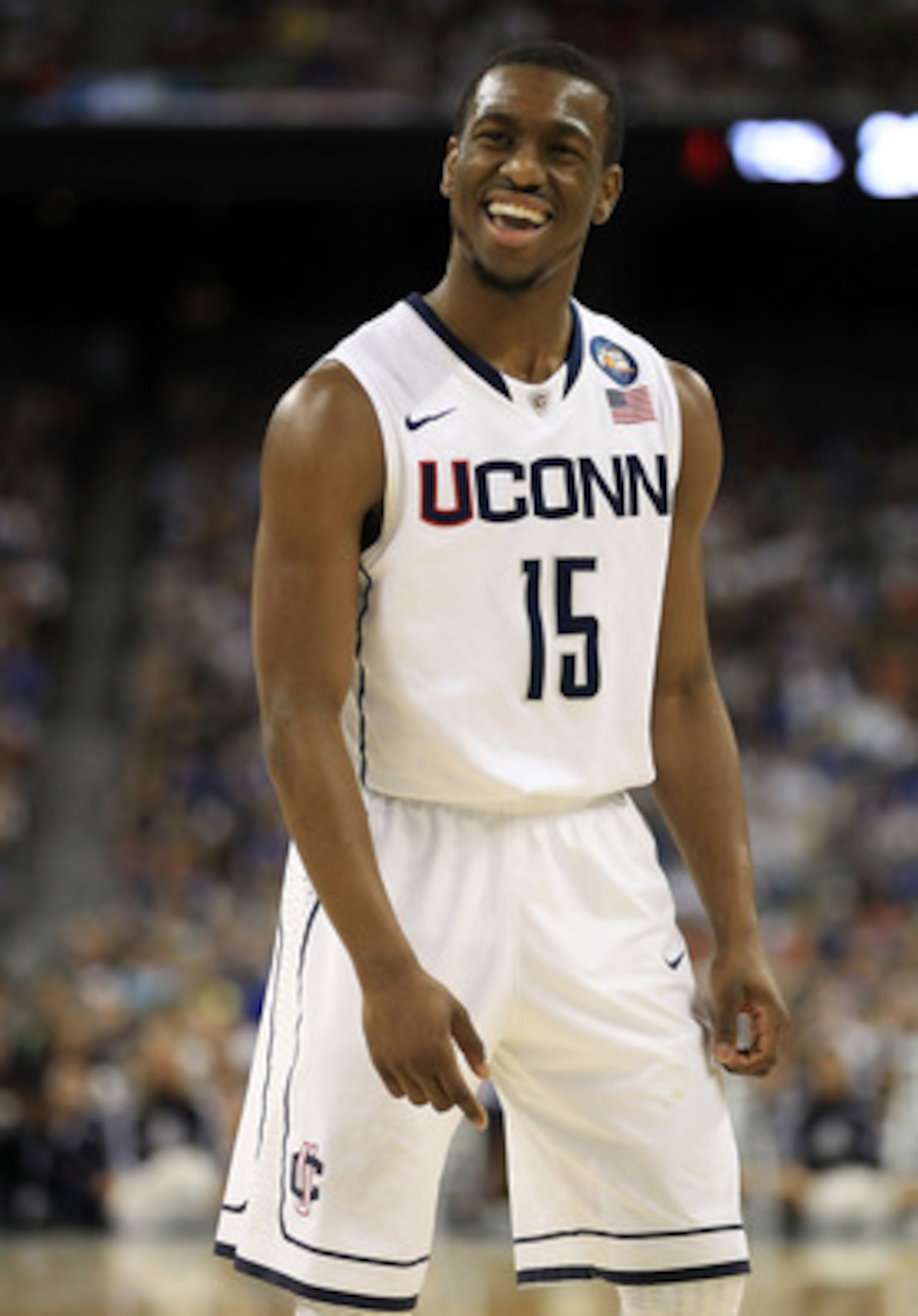 HOUSTON, TX - APRIL 04:  Kemba Walker #15 of the Connecticut Huskies reacts after a play against the Butler Bulldogs during the National Championship Game of the 2011 NCAA Division I Men's Basketball Tournament at Reliant Stadium on April 4, 2011 in Houst