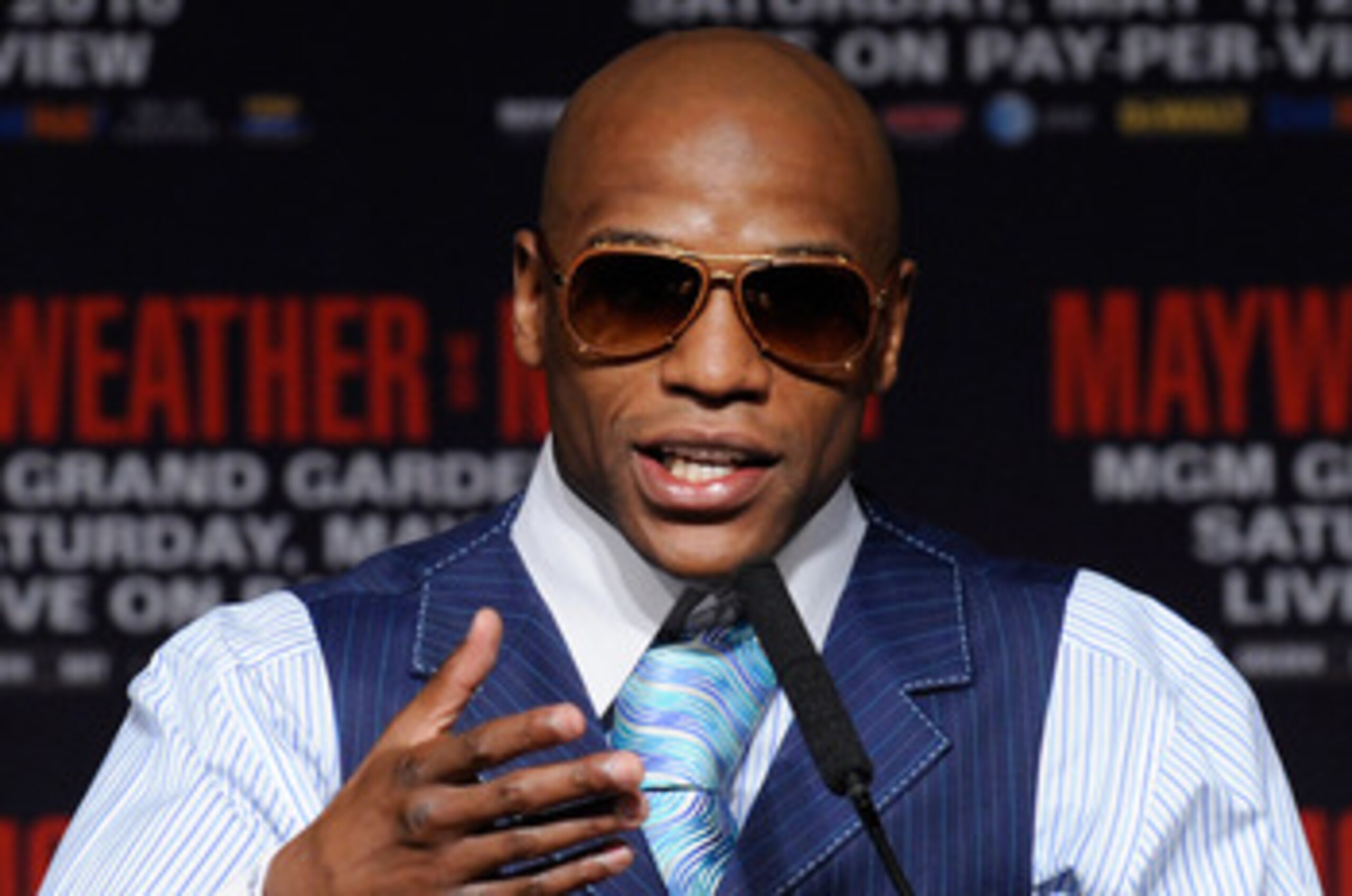LAS VEGAS - APRIL 28: Boxer Floyd Mayweather Jr. speaks during the final news conference for his bout against Shane Mosley at the MGM Grand Hotel/Casino April 28, 2010 in Las Vegas, Nevada. Mayweather and Mosley will meet in a 12-round welterweight bout LAS VEGAS - APRIL 28: Boxer Floyd Mayweather Jr. speaks during the final news conference for his bout against Shane Mosley at the MGM Grand Hotel/Casino April 28, 2010 in Las Vegas, Nevada. Mayweather and Mosley will meet in a 12-round welterweight bout