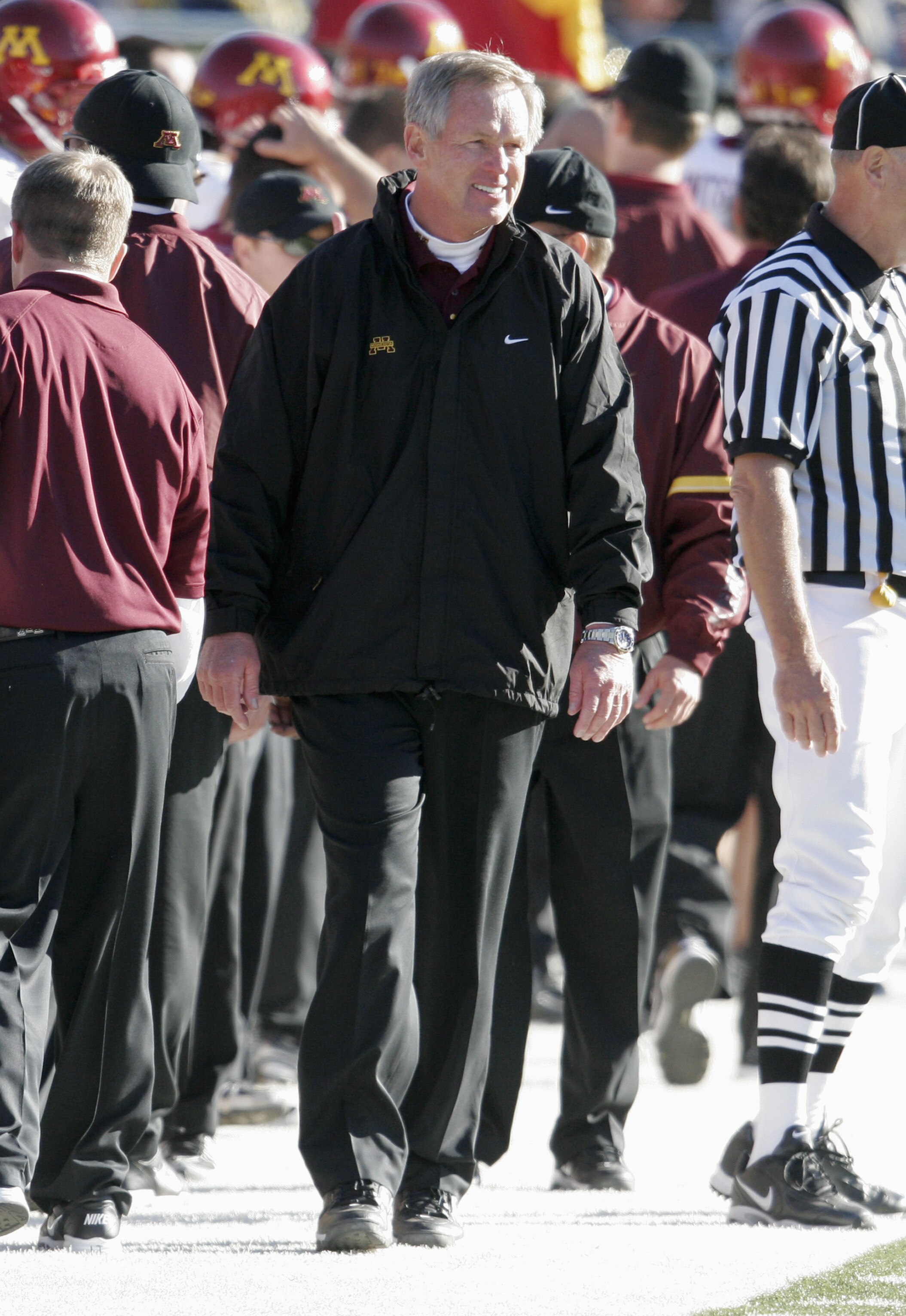 ANN ARBOR - OCTOBER 8:  Head coach Glen Mason of the Minnesota Gophers walks on the sidelines during the game against the Michigan Wolverines at Michigan Stadium on October 8, 2005 in Ann Arbor, Michigan.  The pass was incomplete. Minnesota won 23-20. (Ph