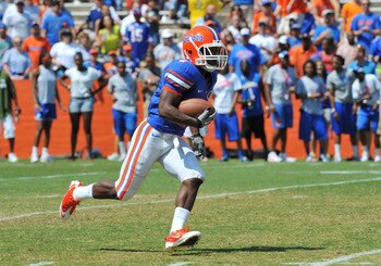 GAINESVILLE, FL - APRIL 9:  Wide receiver Robert Clark #7 of the Florida Gators returns a kick during the Orange and Blue spring football game April 9, 2011 at Ben Hill Griffin Stadium in Gainesville, Florida.  (Photo by Al Messerschmidt/Getty Images)