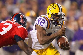 BATON ROUGE, LA - NOVEMBER 20:  Michael Ford #42 of the Louisiana State University Tigers against the Ole Miss Rebels at Tiger Stadium on November 20, 2010 in Baton Rouge, Louisiana.  (Photo by Kevin C. Cox/Getty Images)