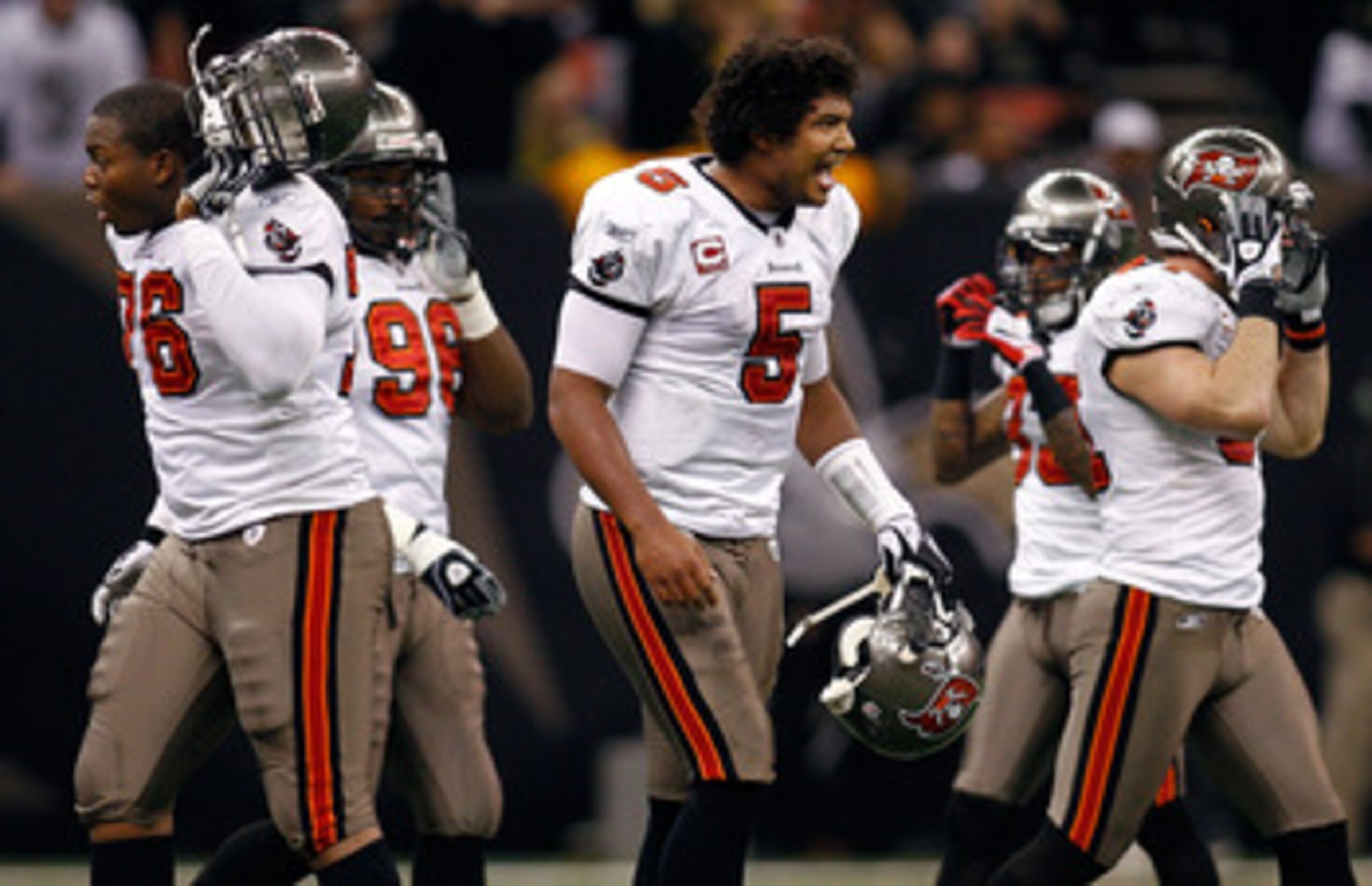 NEW ORLEANS, LA - JANUARY 02:  Josh Freeman #5 of the Tampa Bay Buccaneers reacts to being sacked during the game against the New Orleans Saints at the Louisiana Superdome on January 2, 2011 in New Orleans, Louisiana.  (Photo by Chris Graythen/Getty Image