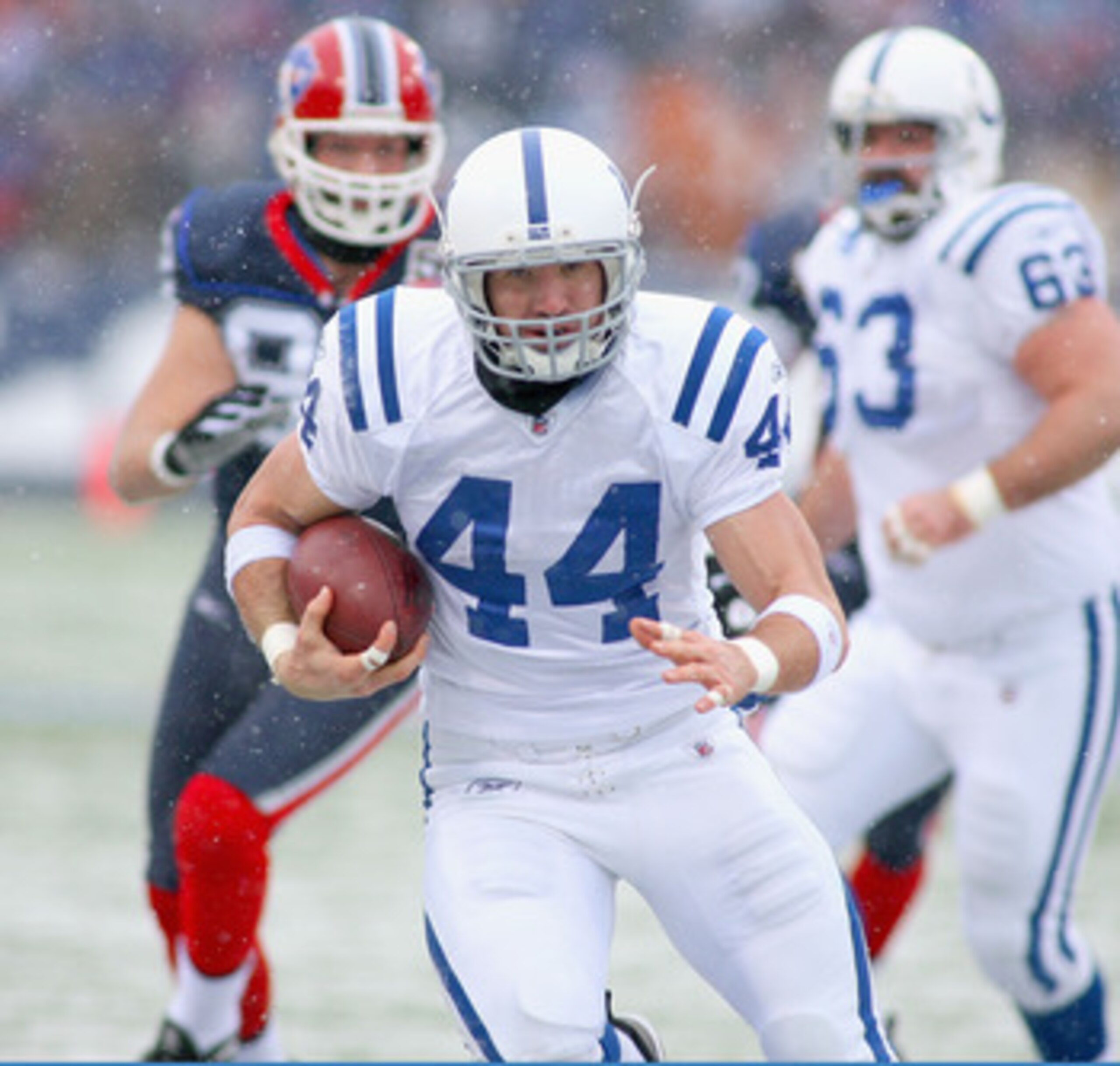ORCHARD PARK, NY - JANUARY 03: Dallas Clark #44  of the Indianapolis Colts runs against the Buffalo Bills at Ralph Wilson Stadium on January 3, 2010 in Orchard Park, New York. Buffalo won 30-7. (Photo by Rick Stewart/Getty Images)