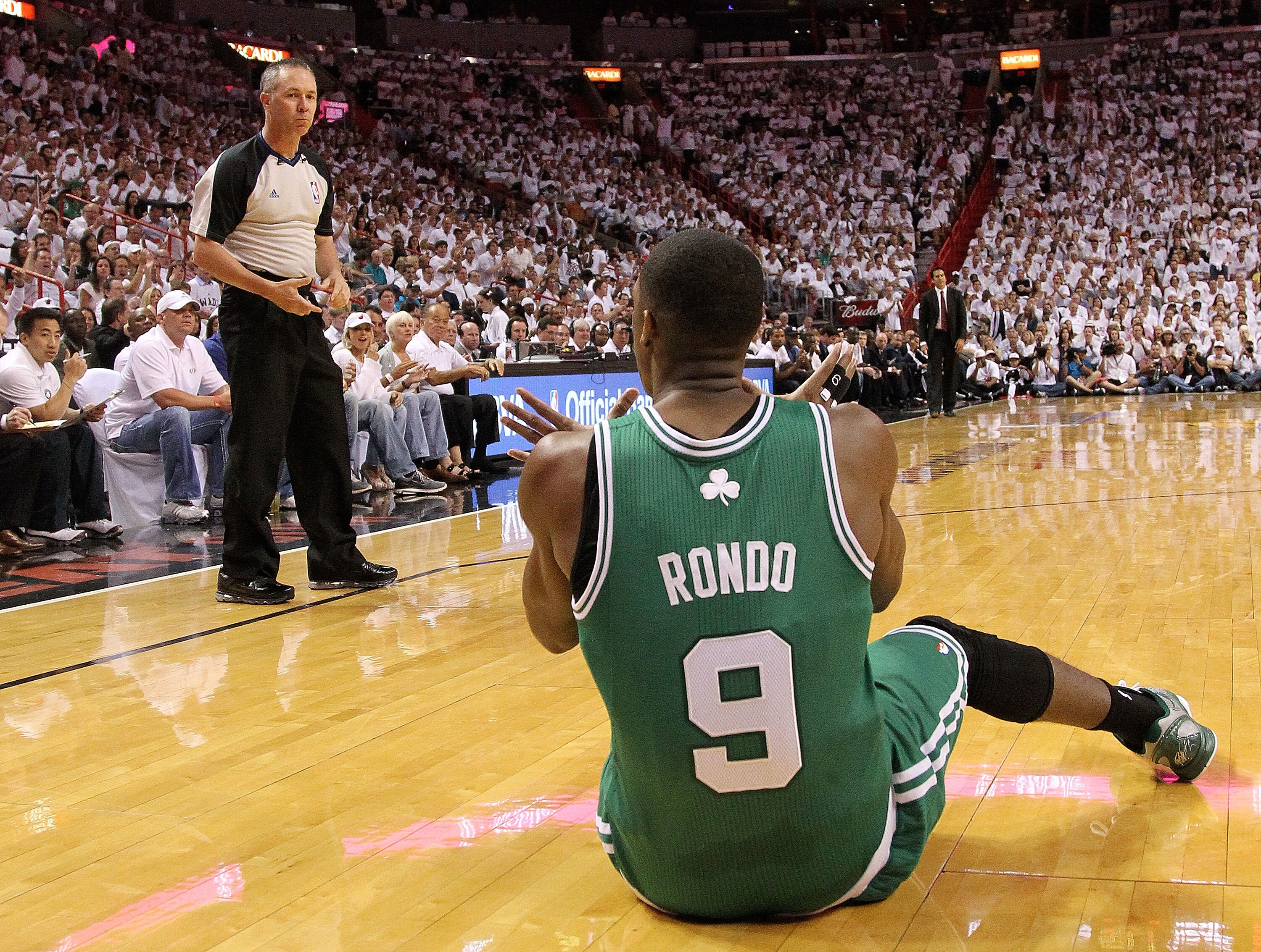 MIAMI, FL - MAY 03:  Rajon Rondo #9 of the Boston Celtics reacts to a foul during Game Two of the Eastern Conference Semifinals of the 2011 NBA Playoffs against the Miami Heat at American Airlines Arena on May 3, 2011 in Miami, Florida. NOTE TO USER: User