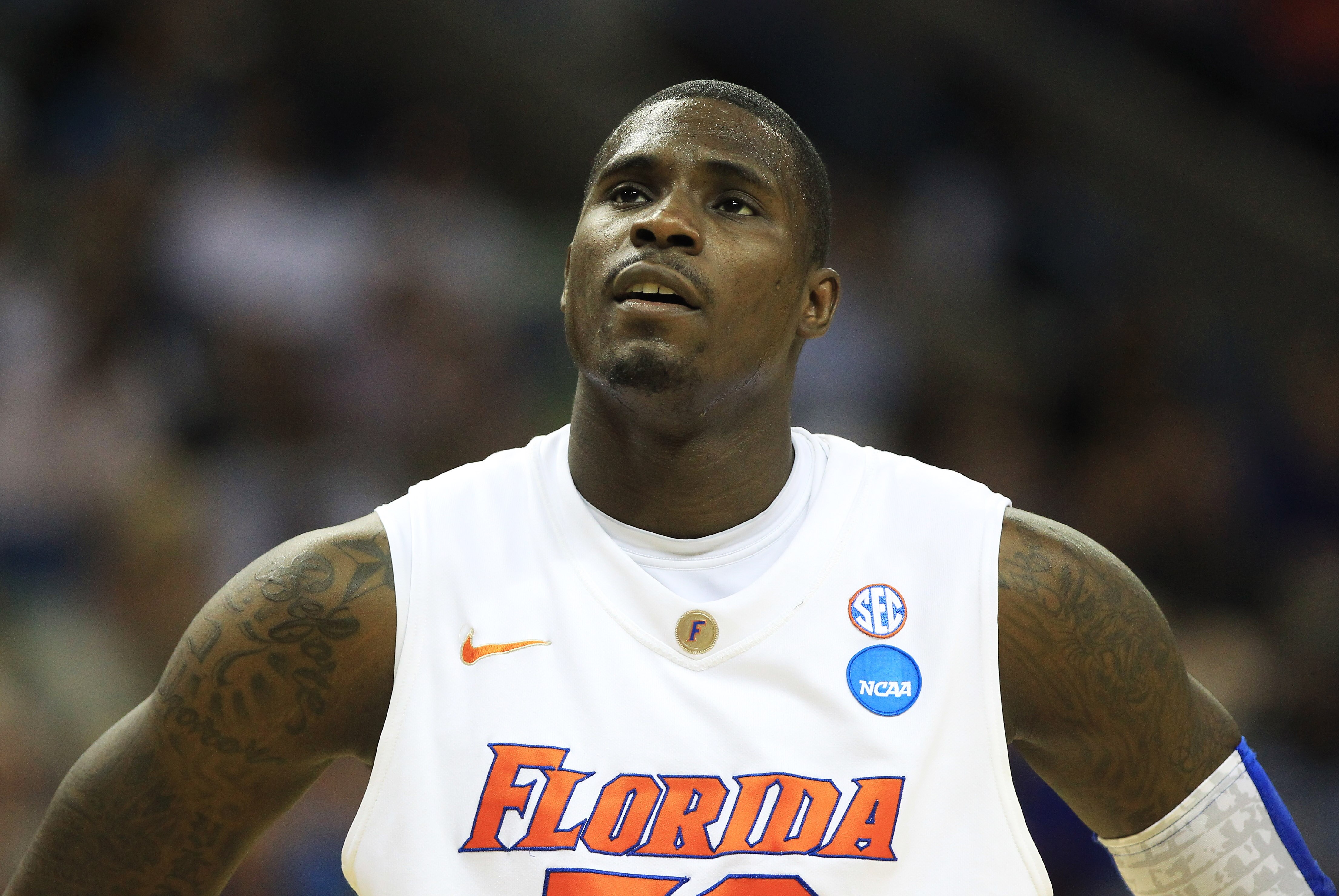 NEW ORLEANS, LA - MARCH 26:  Vernon Macklin #32 of the Florida Gators reacts during their game against the Butler Bulldogs during the Southeast regional final of the 2011 NCAA men's basketball tournament at New Orleans Arena on March 26, 2011 in New Orlea