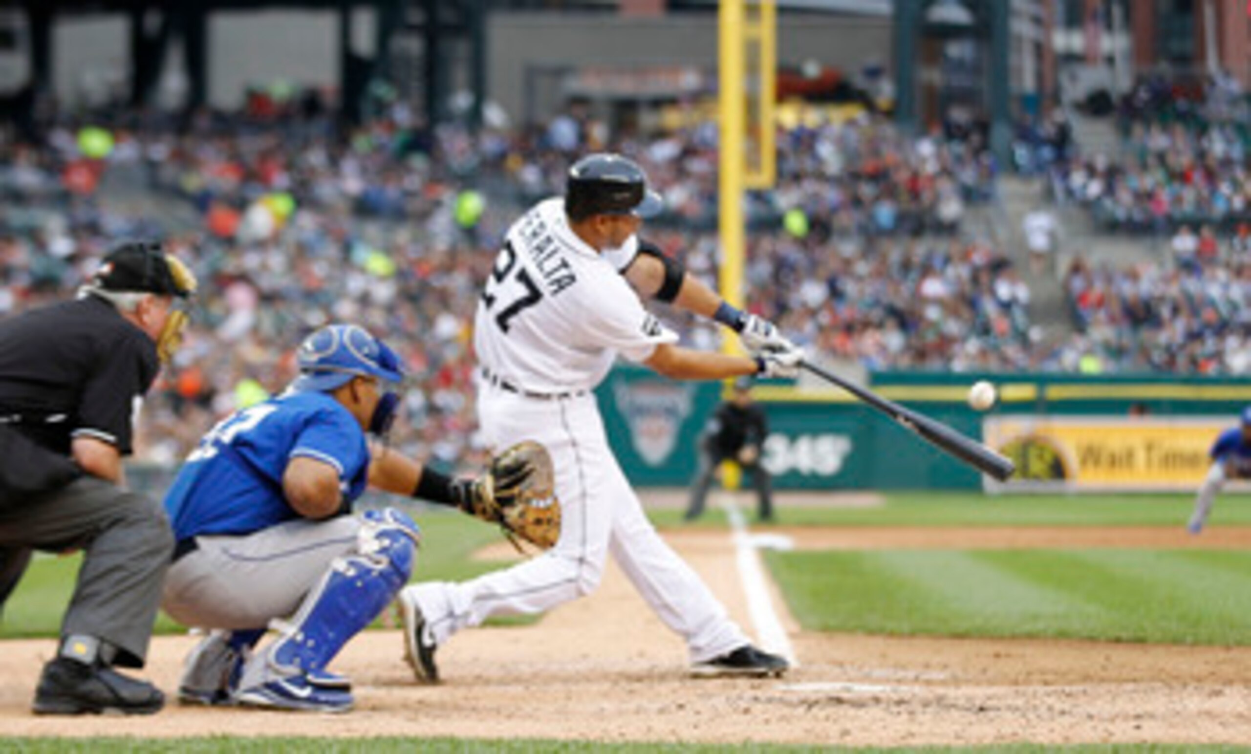 DETROIT - MAY 14: Jhonny Peralta #27 of the Detroit Tigers hits his 1,000 career base hit during the sixth inning of the game against the Kansas City Royals at Comerica Park on May 14, 2011 in Detroit, Michigan. (Photo by Leon Halip/Getty Images) DETROIT - MAY 14: Jhonny Peralta #27 of the Detroit Tigers hits his 1,000 career base hit during the sixth inning of the game against the Kansas City Royals at Comerica Park on May 14, 2011 in Detroit, Michigan. (Photo by Leon Halip/Getty Images)