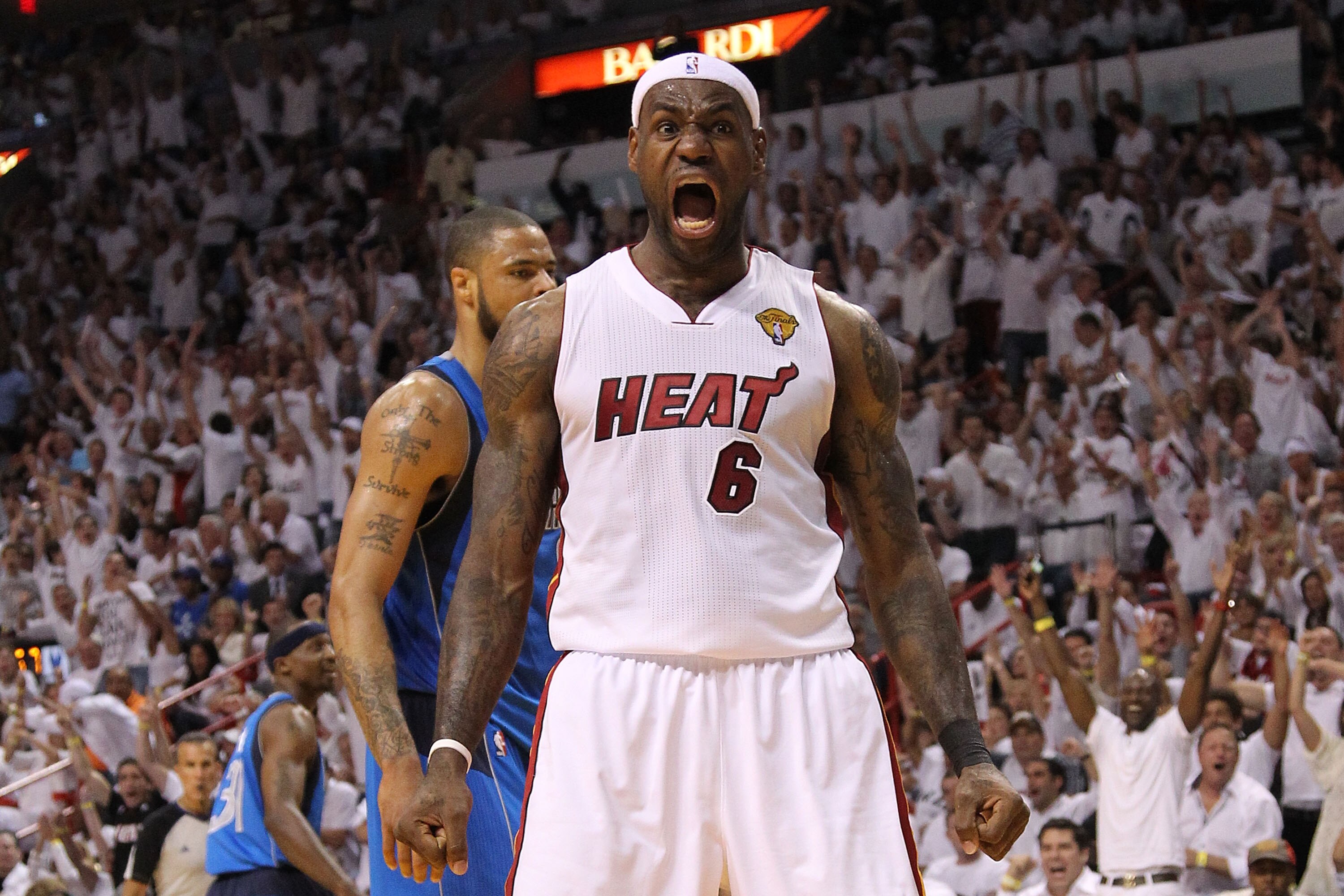 MIAMI, FL - JUNE 02:  LeBron James #6 of the Miami Heat reacts against the Dallas Mavericks in Game Two of the 2011 NBA Finals at American Airlines Arena on June 2, 2011 in Miami, Florida. NOTE TO USER: User expressly acknowledges and agrees that, by down