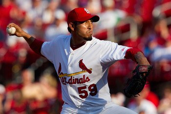ST. LOUIS, MO - JUNE 4: Reliever Fernando Salas #59 of the St. Louis Cardinals pitches against the Chicago Cubs at Busch Stadium on June 4, 2011 in St. Louis, Missouri.  The Cardinals beat the Cubs 5-4 in 12 innings.  (Photo by Dilip Vishwanat/Getty Image