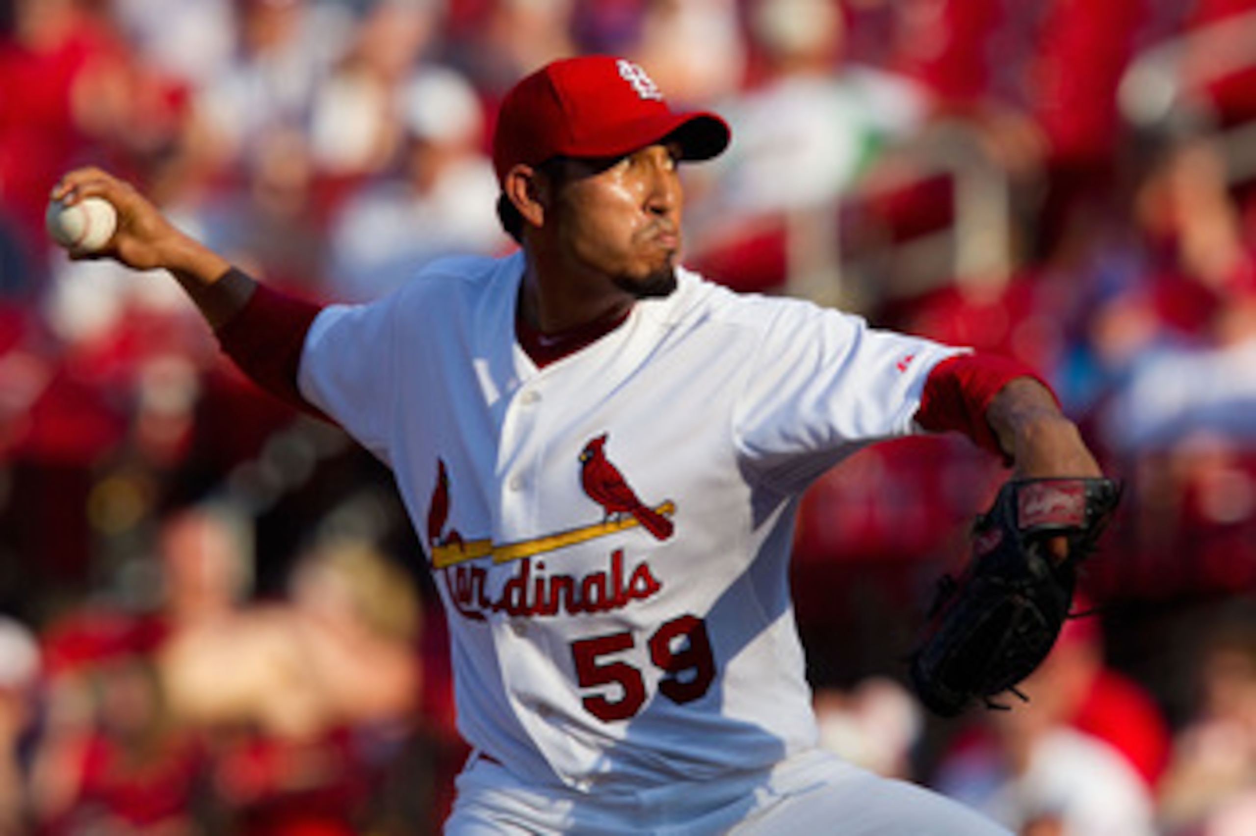 ST. LOUIS, MO - JUNE 4: Reliever Fernando Salas #59 of the St. Louis Cardinals pitches against the Chicago Cubs at Busch Stadium on June 4, 2011 in St. Louis, Missouri.  The Cardinals beat the Cubs 5-4 in 12 innings.  (Photo by Dilip Vishwanat/Getty Image