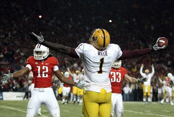 TUCSON, AZ - DECEMBER 02:  Wide receiver Mike Willie #1 of the Arizona State Sun Devils celebrates after scoring a touchdown reception during the college football game at Arizona Stadium on December 2, 2010 in Tucson, Arizona. The Sun Devils defeated the 