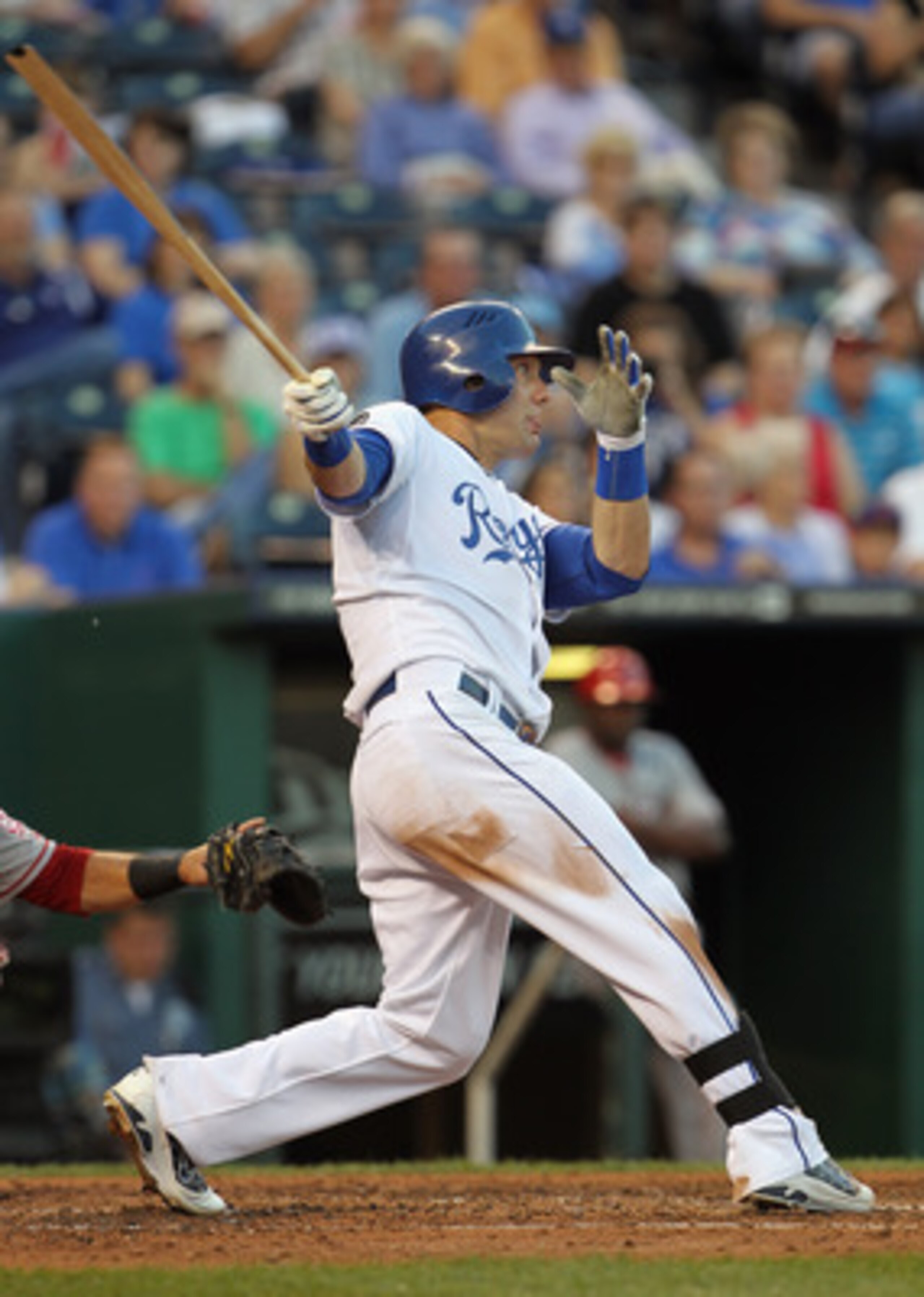 KANSAS CITY, MO - MAY 31:  Alex Gordon #4 of the Kansas City Royals breaks his bat on a hit during the game against the Los Angeles Angels of Anaheim on May 31, 2011 at Kauffman Stadium in Kansas City, Missouri.  (Photo by Jamie Squire/Getty Images)