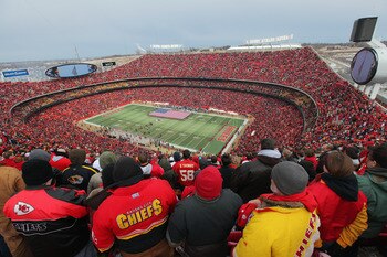 KANSAS CITY, MO - JANUARY 09:  A general view of the stadium as the fans observe the national anthem as the Baltimore Ravens prepare to face the Kansas City Chiefs during their 2011 AFC wild card playoff game at Arrowhead Stadium on January 9, 2011 in Kan