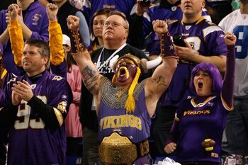 MINNEAPOLIS - JANUARY 17:  Fans of the Minnesota Vikings cheer during the game against the Dallas Cowboys during the NFC Divisional Playoff Game at Hubert H. Humphrey Metrodome on January 17, 2010 in Minneapolis, Minnesota. The Vikings defeated the Cowboy