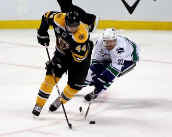 BOSTON, MA - JUNE 06:  Dennis Seidenberg #44 of the Boston Bruins against Henrik Sedin #33 of the Vancouver Canucks during Game Three of the 2011 NHL Stanley Cup Final at TD Garden on June 6, 2011 in Boston, Massachusetts.  (Photo by Jim Rogash/Getty Imag