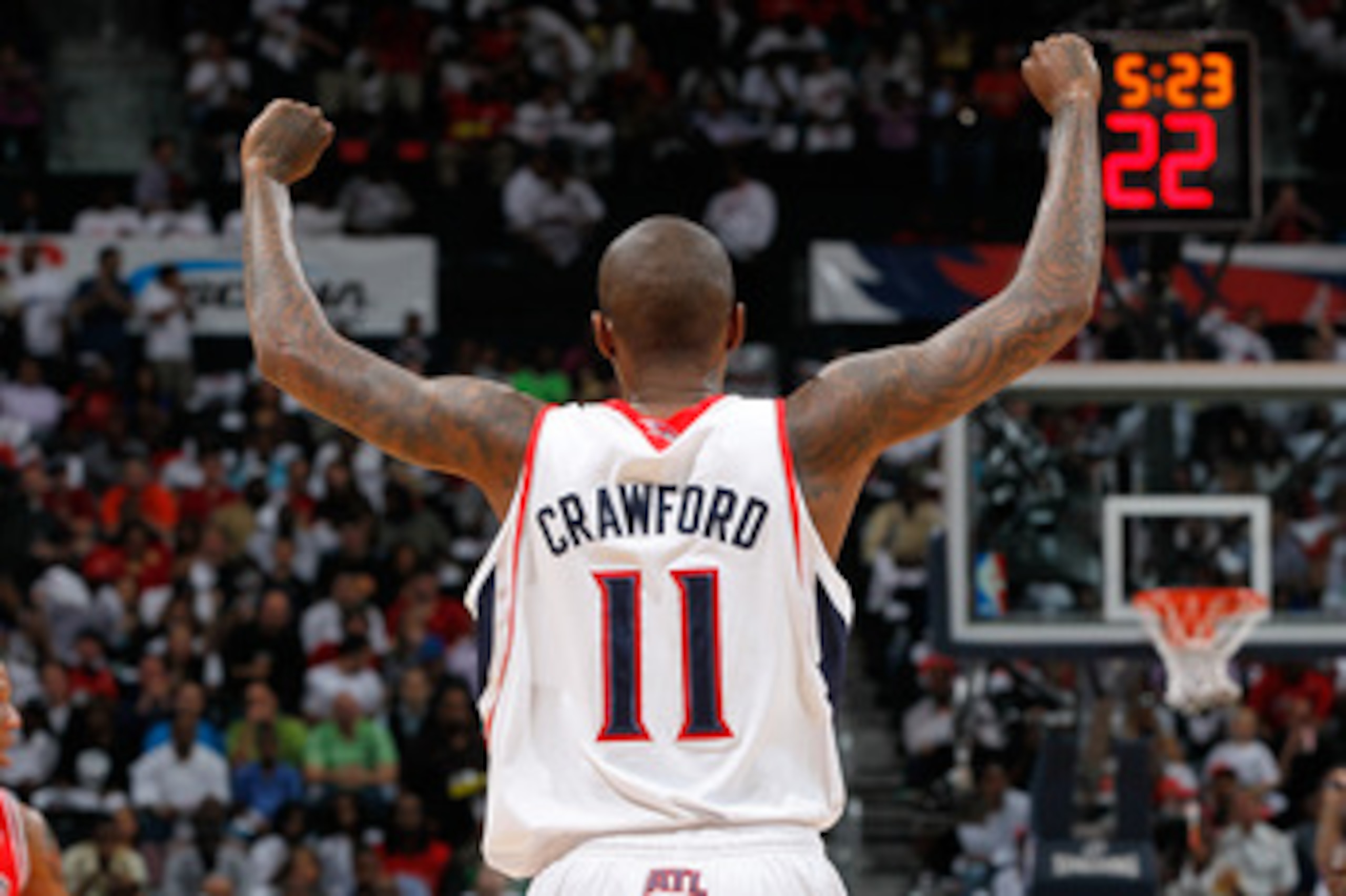ATLANTA, GA - MAY 06:  Jamal Crawford #11 of the Atlanta Hawks against the Chicago Bulls in Game Three of the Eastern Conference Semifinals in the 2011 NBA Playoffs at Phillips Arena on May 6, 2011 in Atlanta, Georgia.  NOTE TO USER: User expressly acknow