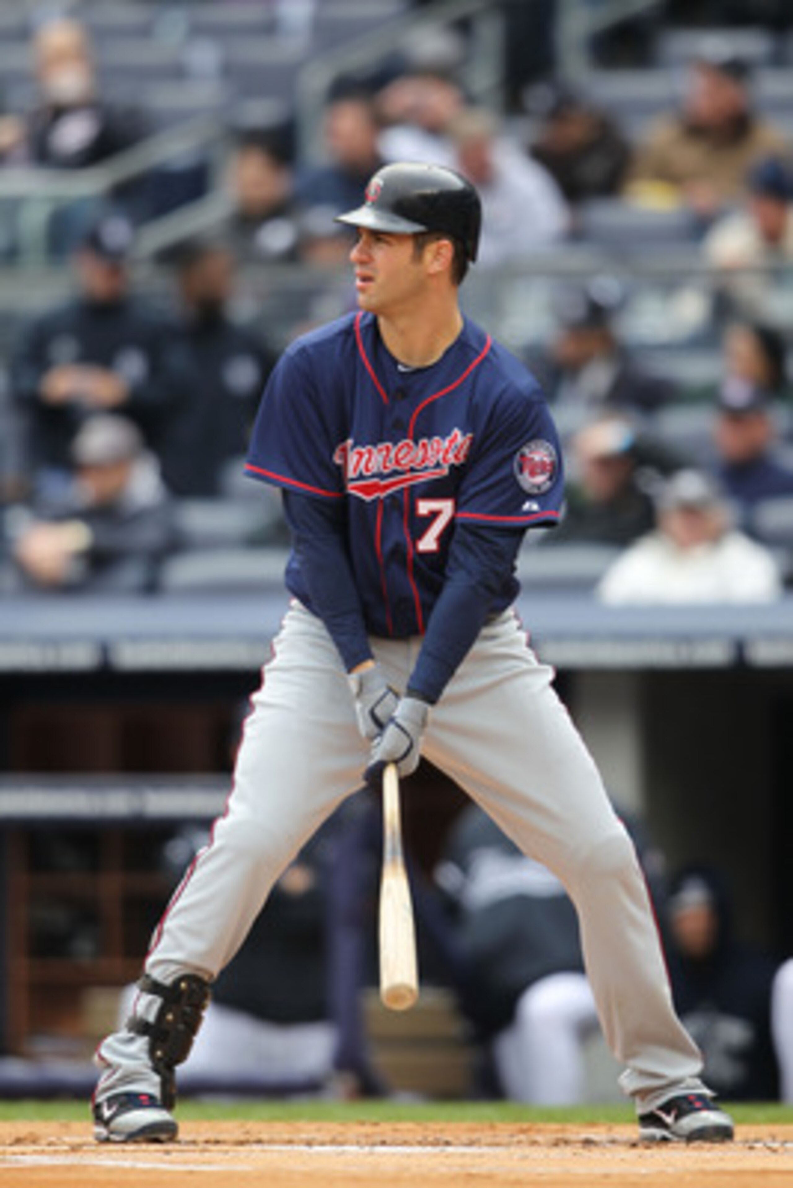 NEW YORK, NY - APRIL 07:  Joe Mauer #7 of the Minnesota Twins against New York Yankees at Yankee Stadium on April 7, 2011 in the Bronx borough of New York City.  (Photo by Nick Laham/Getty Images)