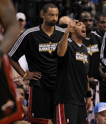 DALLAS, TX - JUNE 09:  (L-R) Juwan Howard #5, Eddie House #55, Joel Anthony #50, James Jones #22 and Erick Dampier #25 of the Miami Heat react on the bench against the Dallas Mavericks in the fourth quarter of Game Five of the 2011 NBA Finals at American 
