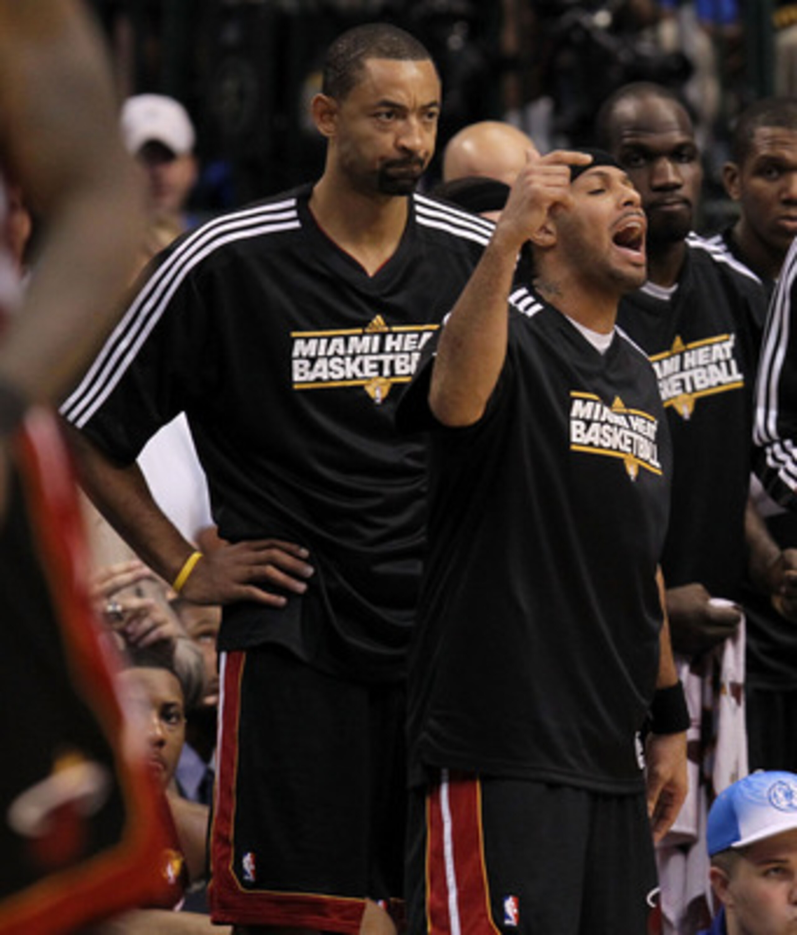 DALLAS, TX - JUNE 09:  (L-R) Juwan Howard #5, Eddie House #55, Joel Anthony #50, James Jones #22 and Erick Dampier #25 of the Miami Heat react on the bench against the Dallas Mavericks in the fourth quarter of Game Five of the 2011 NBA Finals at American 
