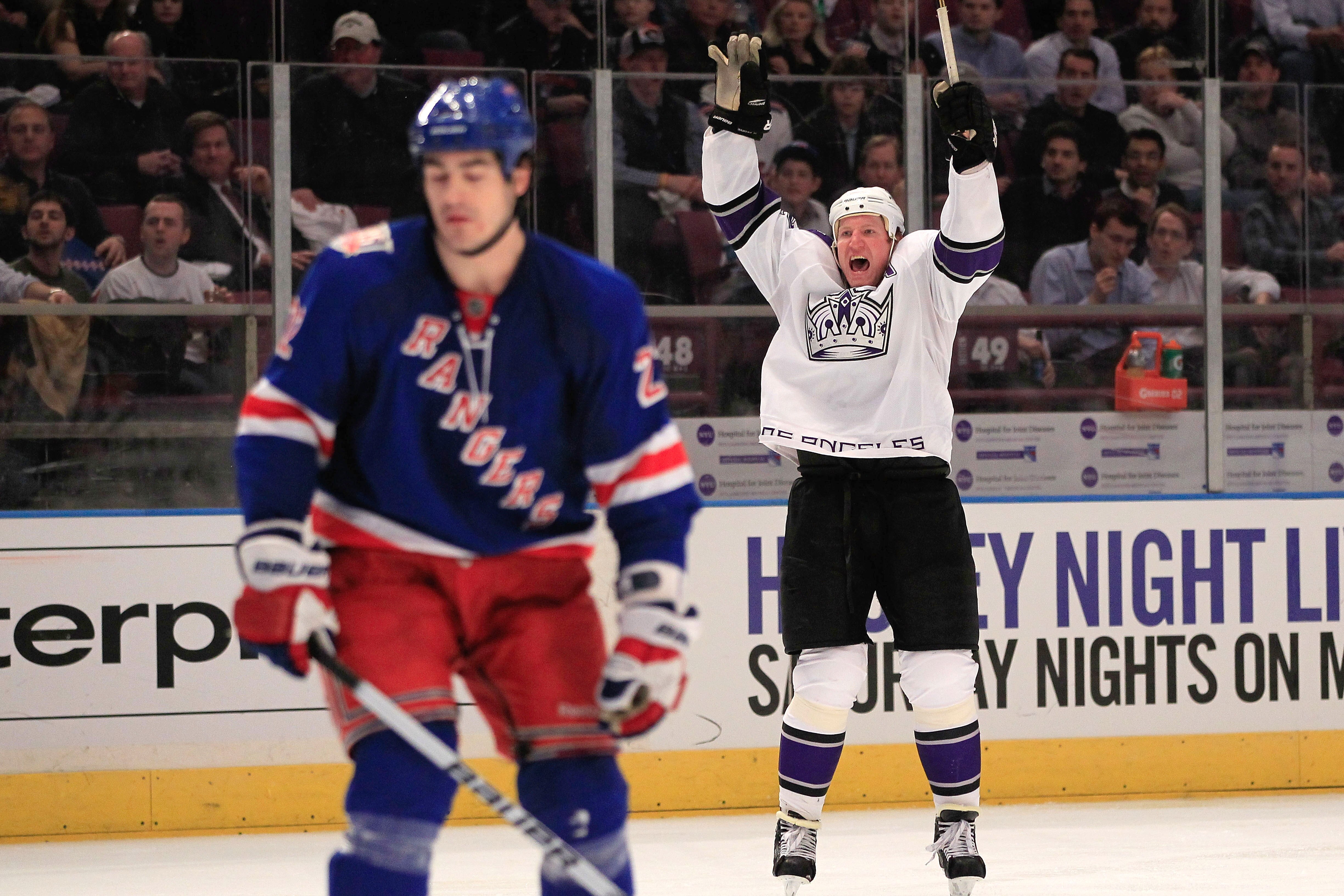 NEW YORK, NY - FEBRUARY 17:  Matt Greene #2 of the Los Angeles Kings celebrates his goal in the second period against the New York Rangers at Madison Square Garden on February 17, 2011 in New York City. The Rangers defeated the Kings 4-3 after a shootout.