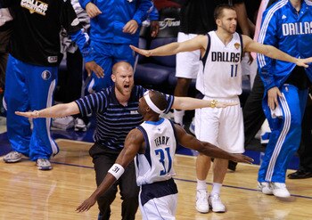 DALLAS, TX - JUNE 09:  Jason Terry #31 of the Dallas Mavericks reacts with head equipment manager Al Whitley after Terry made a three-pointer late in the fourth quarter while taking on the Miami Heat in Game Five of the 2011 NBA Finals at American Airline