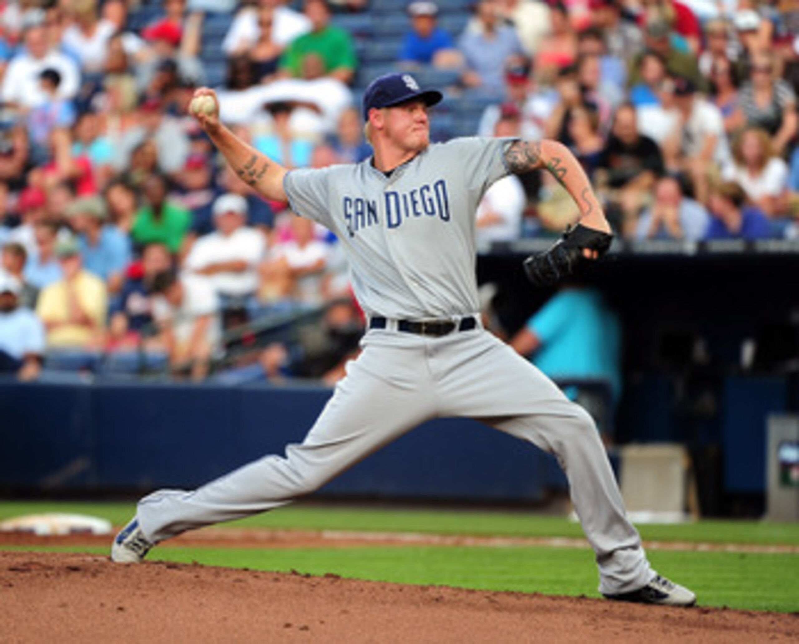 ATLANTA - MAY 31: Mat Latos #38 of the San Diego Padres pitches against the Atlanta Braves at Turner Field on May 31, 2011 in Atlanta, Georgia. (Photo by Scott Cunningham/Getty Images)
