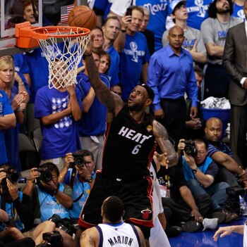 DALLAS, TX - JUNE 09:  LeBron James #6 of the Miami Heat drives for a shot attempt against Shawn Marion #0 of the Dallas Mavericks in Game Five of the 2011 NBA Finals at American Airlines Center on June 9, 2011 in Dallas, Texas. The Mavericks own 112-103.