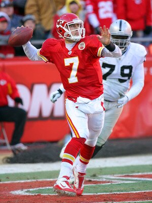 KANSAS CITY, MO - JANUARY 02:  Quarterback Matt Cassel #7 of the Kansas City Chiefs throws an interception in a game against the Oakland Raiders at Arrowhead Stadium on January 2, 2011 in Kansas City, Missouri.  The Raiders won 31-10 (Photo by Tim Umphrey