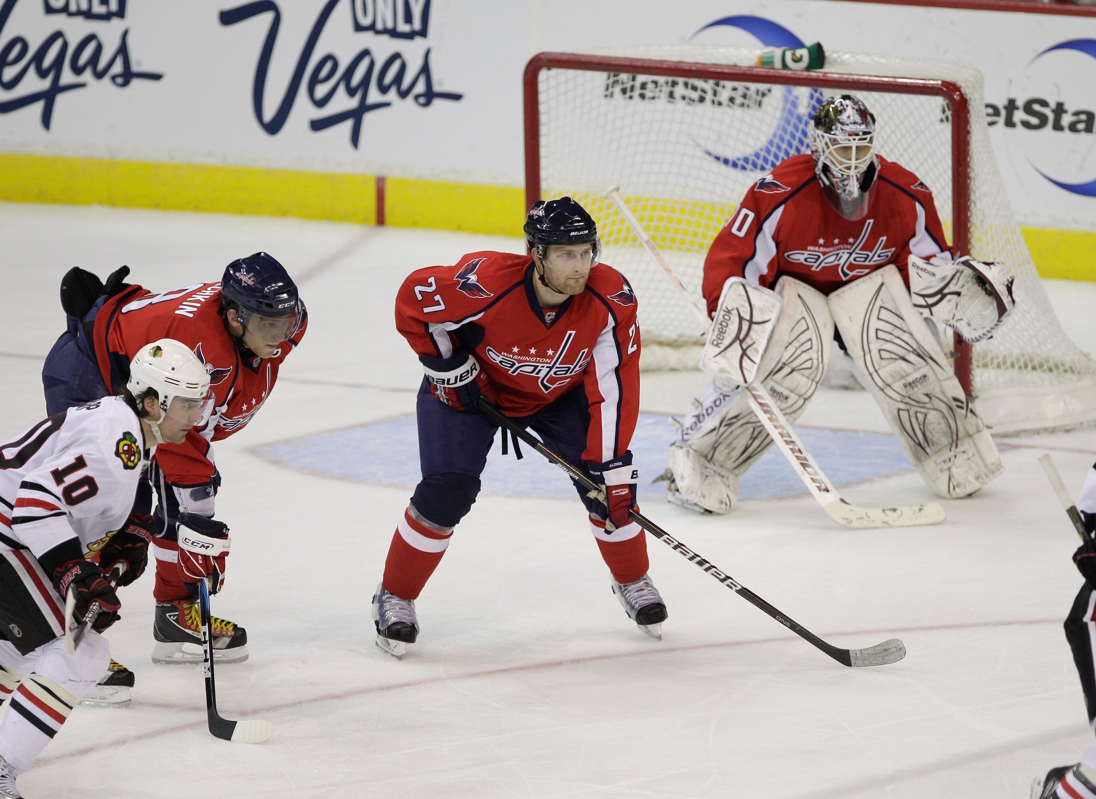 WASHINGTON, DC - MARCH 13: Karl Alzner #27 of the Washington Capitals stands on the ice against the Chicago Blackhawks at the Verizon Center on March 13, 2011 in Washington, DC.  (Photo by Rob Carr/Getty Images)