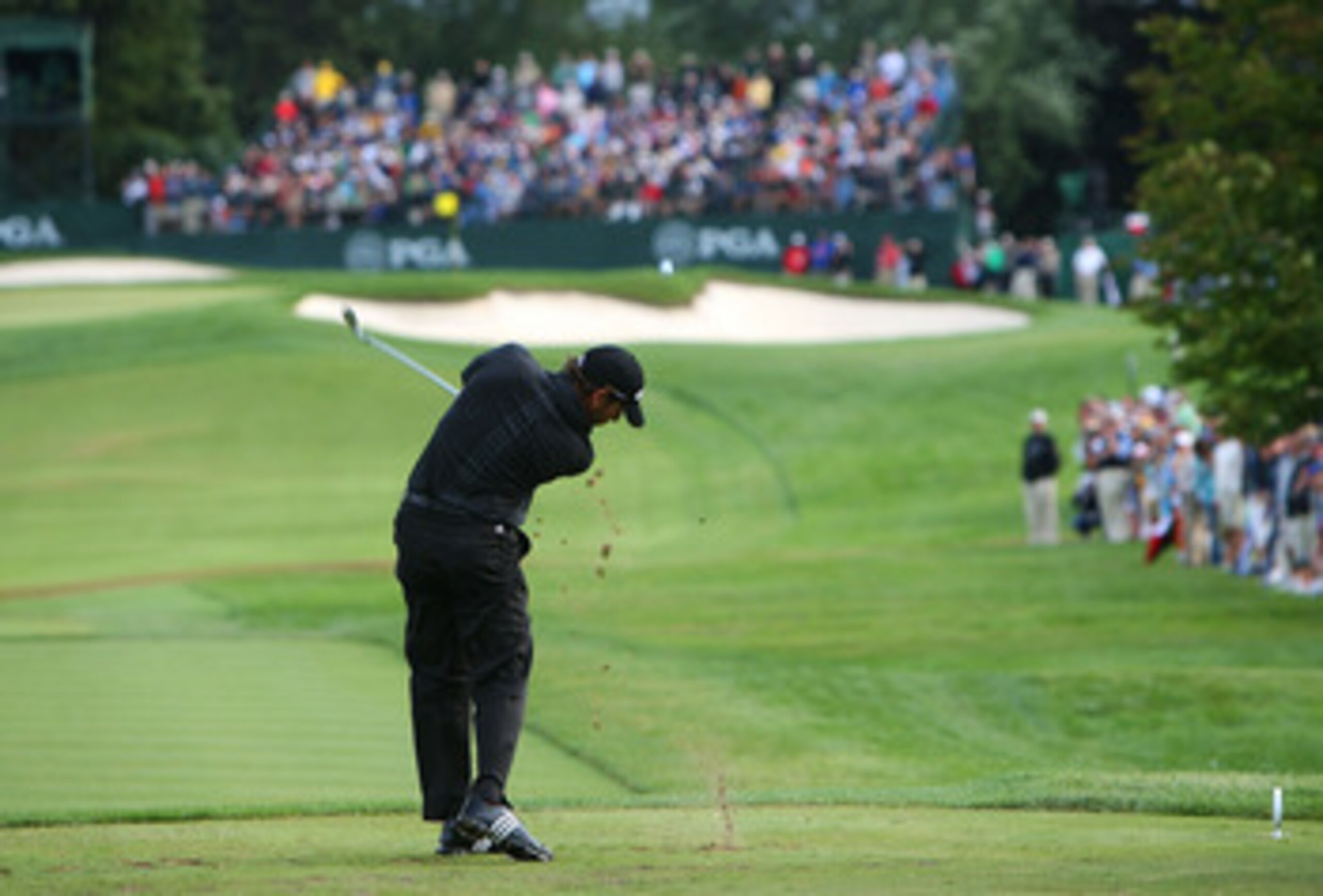 BLOOMFIELD HILLS, MI - AUGUST 10:  Sergio Garcia of Spain plays his tee shot on the 17th hole during the final round of the 90th PGA Championship at Oakland Hills Country Club on August 10, 2008 in Bloomfield Township, Michigan.  (Photo by Stuart Franklin