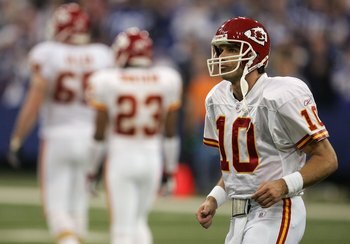 INDIANAPOLIS - JANUARY 06:  Quarterback Trent Green #10 of the Kansas City Chiefs walks towards the sideline against the Indianapolis Colts during their AFC Wild Card Playoff Game January 6, 2007 at RCA Dome in Indianapolis, Indiana. The Colts won 23-8.  