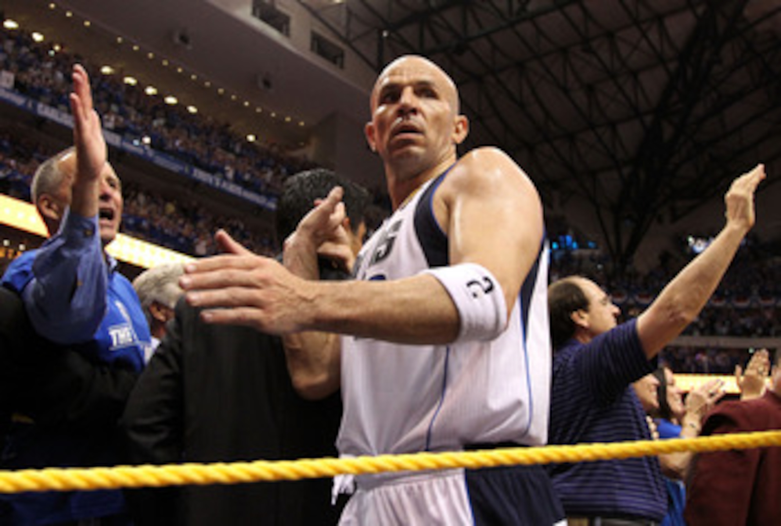 DALLAS, TX - JUNE 09:  Jason Kidd #2 of the Dallas Mavericks celebrates with fans as he walks off the court after the Mavericks won 112-103 against the Miami Heat in Game Five of the 2011 NBA Finals at American Airlines Center on June 9, 2011 in Dallas, T