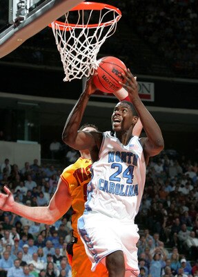 CHARLOTTE, NC - MARCH 20:  Marvin Williams #24 of the North Carolina Tar Heels goes up for a layup against the Iowa State Cyclones during their second round NCAA Tournament game on March 20, 2005 at the Chalotte Coliseum in Charlotte, North Carolina.  (Ph