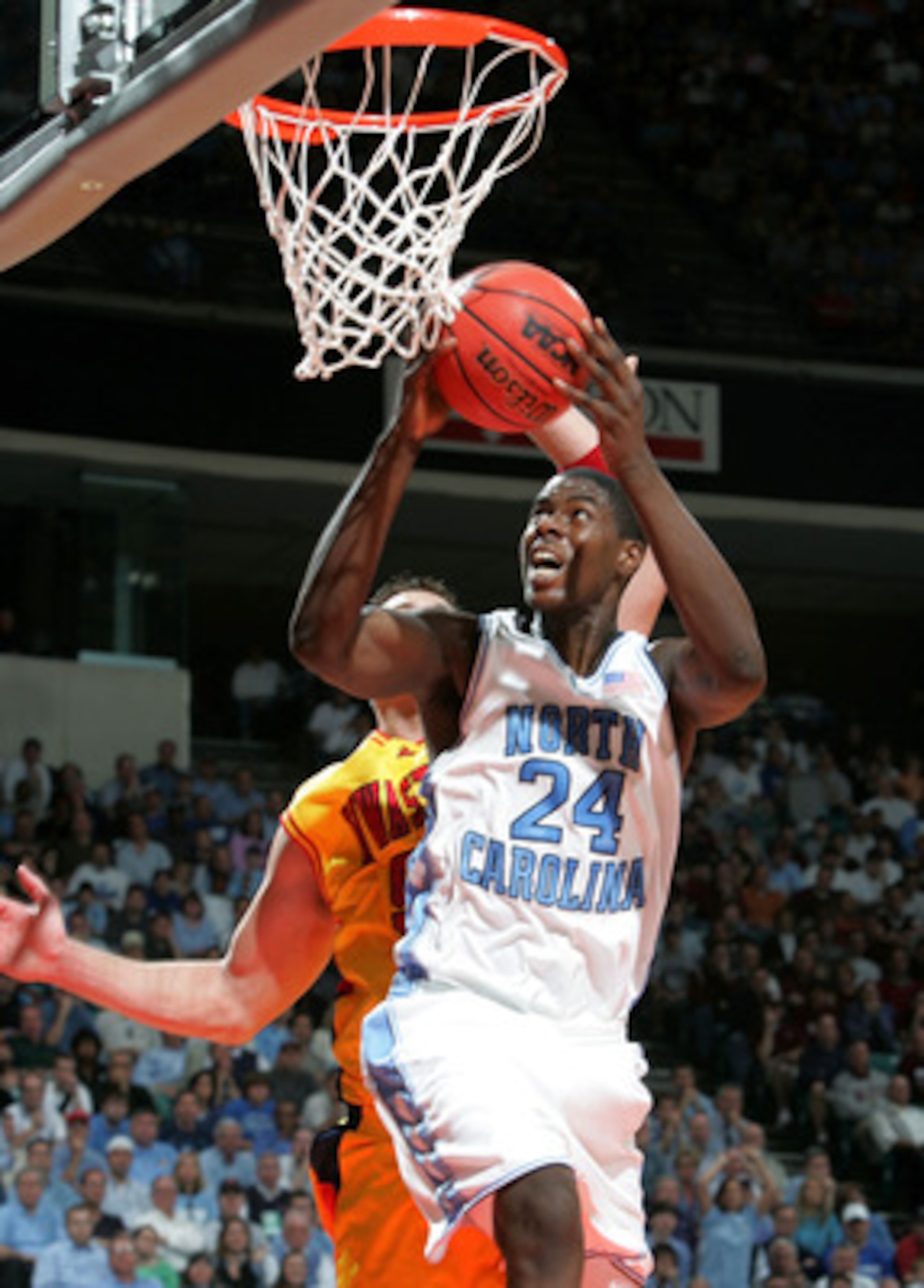 CHARLOTTE, NC - MARCH 20:  Marvin Williams #24 of the North Carolina Tar Heels goes up for a layup against the Iowa State Cyclones during their second round NCAA Tournament game on March 20, 2005 at the Chalotte Coliseum in Charlotte, North Carolina.  (Ph