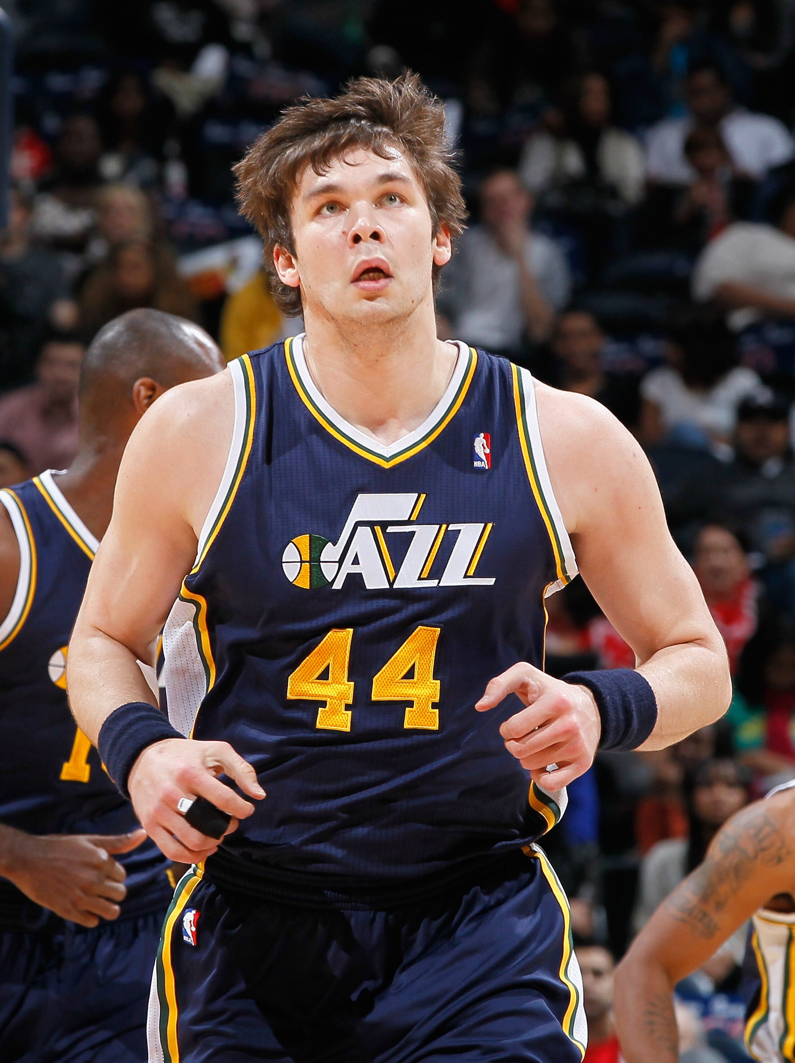 ATLANTA - NOVEMBER 12: Kyrylo Fesenko #44 of the Utah Jazz against the Atlanta Hawks at Philips Arena on November 12, 2010 in Atlanta, Georgia. NOTE TO USER: User expressly acknowledges and agrees that, by downloading and/or using this Photograph, User ATLANTA - NOVEMBER 12: Kyrylo Fesenko #44 of the Utah Jazz against the Atlanta Hawks at Philips Arena on November 12, 2010 in Atlanta, Georgia. NOTE TO USER: User expressly acknowledges and agrees that, by downloading and/or using this Photograph, User