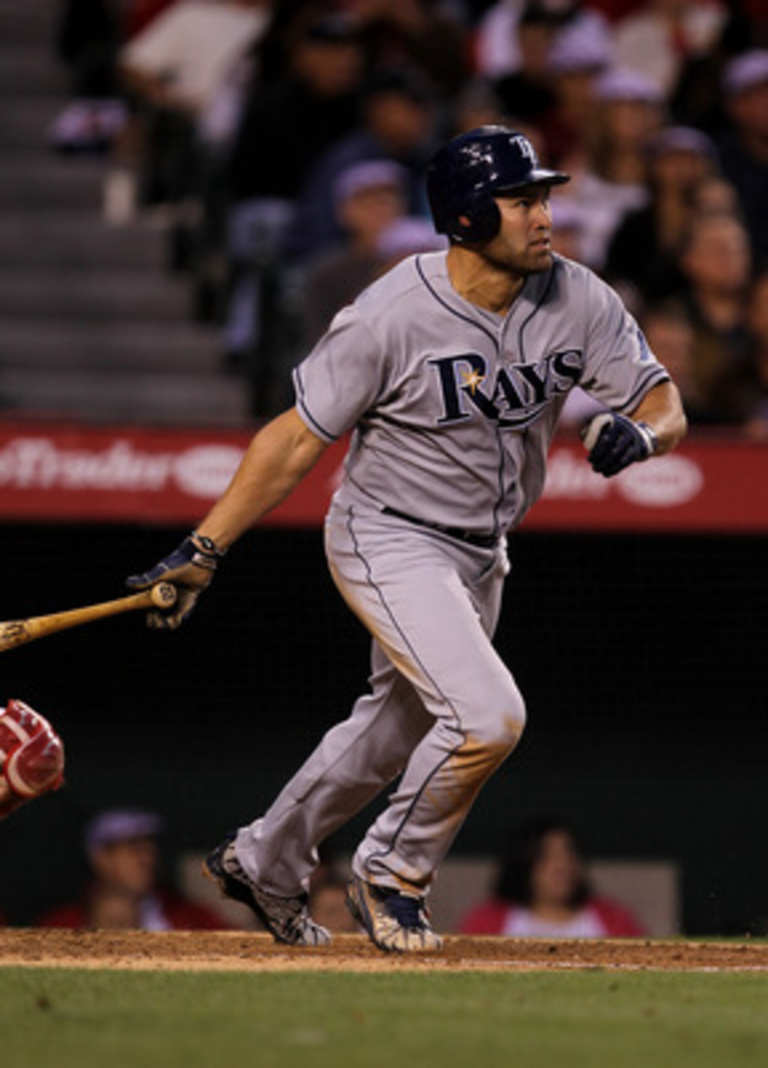 ANAHEIM, CA - JUNE 7:  Johnny Damon #22 of the Tampa Bay Rays hits an RBI double in the fourth inning against the Los Angeles Angels of Anaheim on June 7, 2011 at Angel Stadium in Anaheim, California.  (Photo by Stephen Dunn/Getty Images)